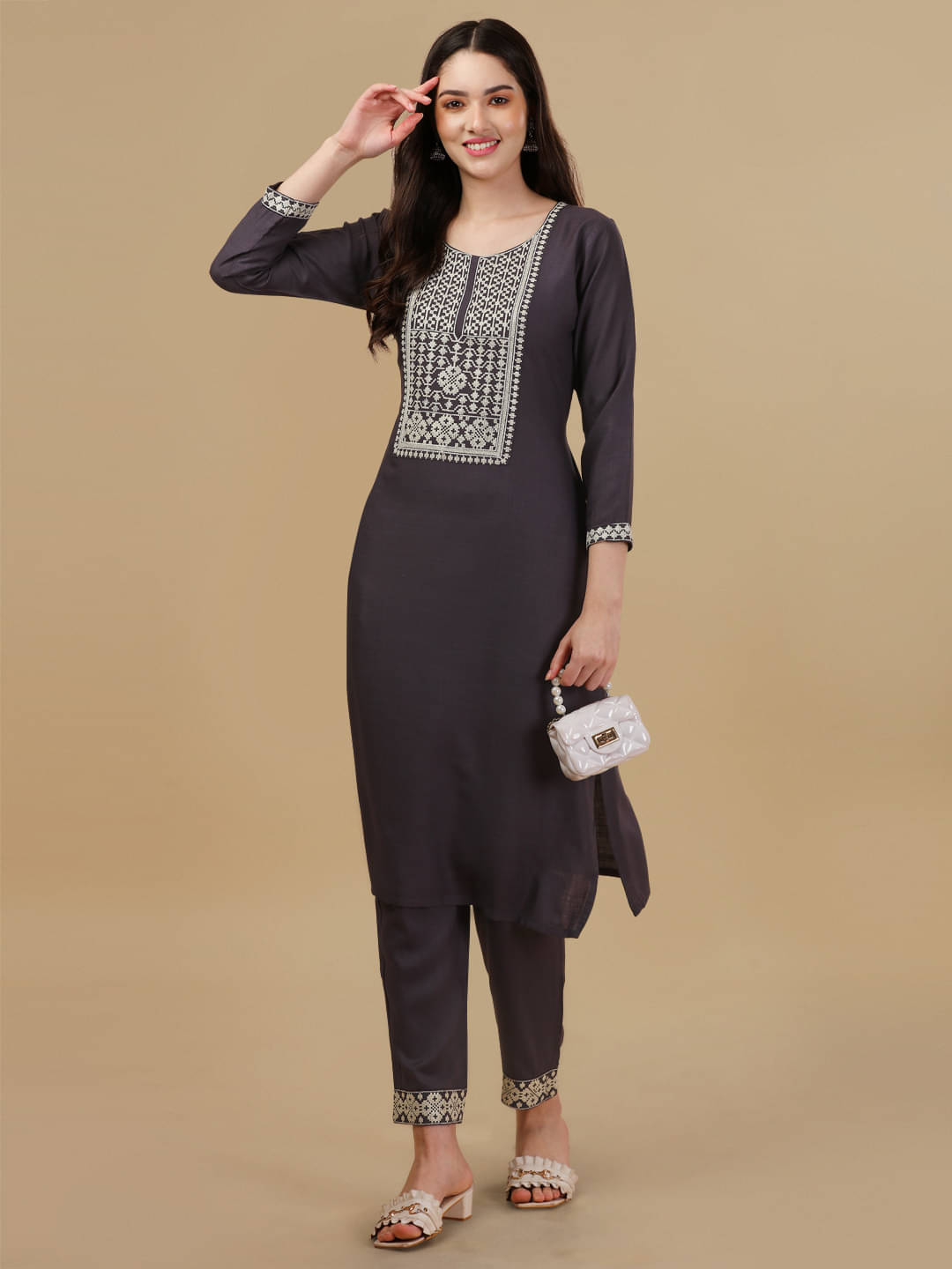 gufrina Viscose Embroidered Kurti With Pants Women's Stitched Salwar Suit - Dark Grey ( Pack of 1 ) gufrina Viscose Embroidered Kurti With Pants Women's Stitched Salwar Suit - Dark Grey ( Pack of 1 )