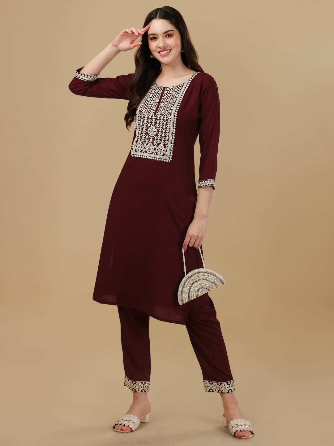     			gufrina Viscose Embroidered Kurti With Pants Women's Stitched Salwar Suit - Maroon ( Pack of 1 )