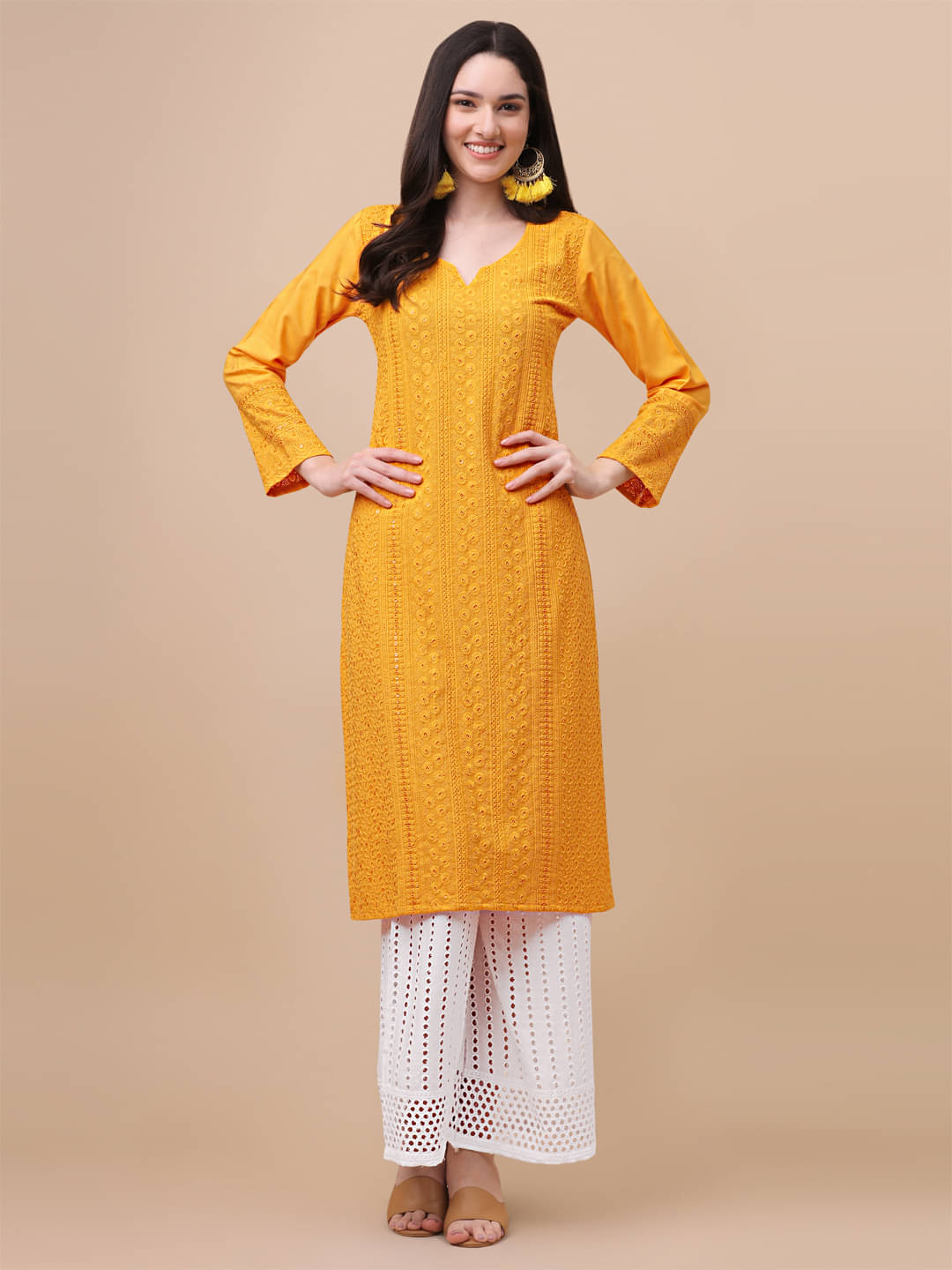     			gufrina Viscose Embroidered Kurti With Palazzo Women's Stitched Salwar Suit - Orange ( Pack of 1 )