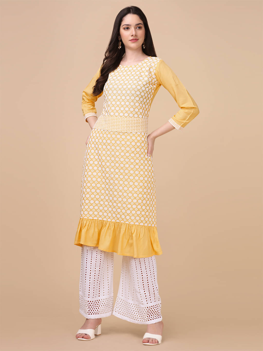     			gufrina Viscose Embroidered Kurti With Palazzo Women's Stitched Salwar Suit - Yellow ( Pack of 1 )