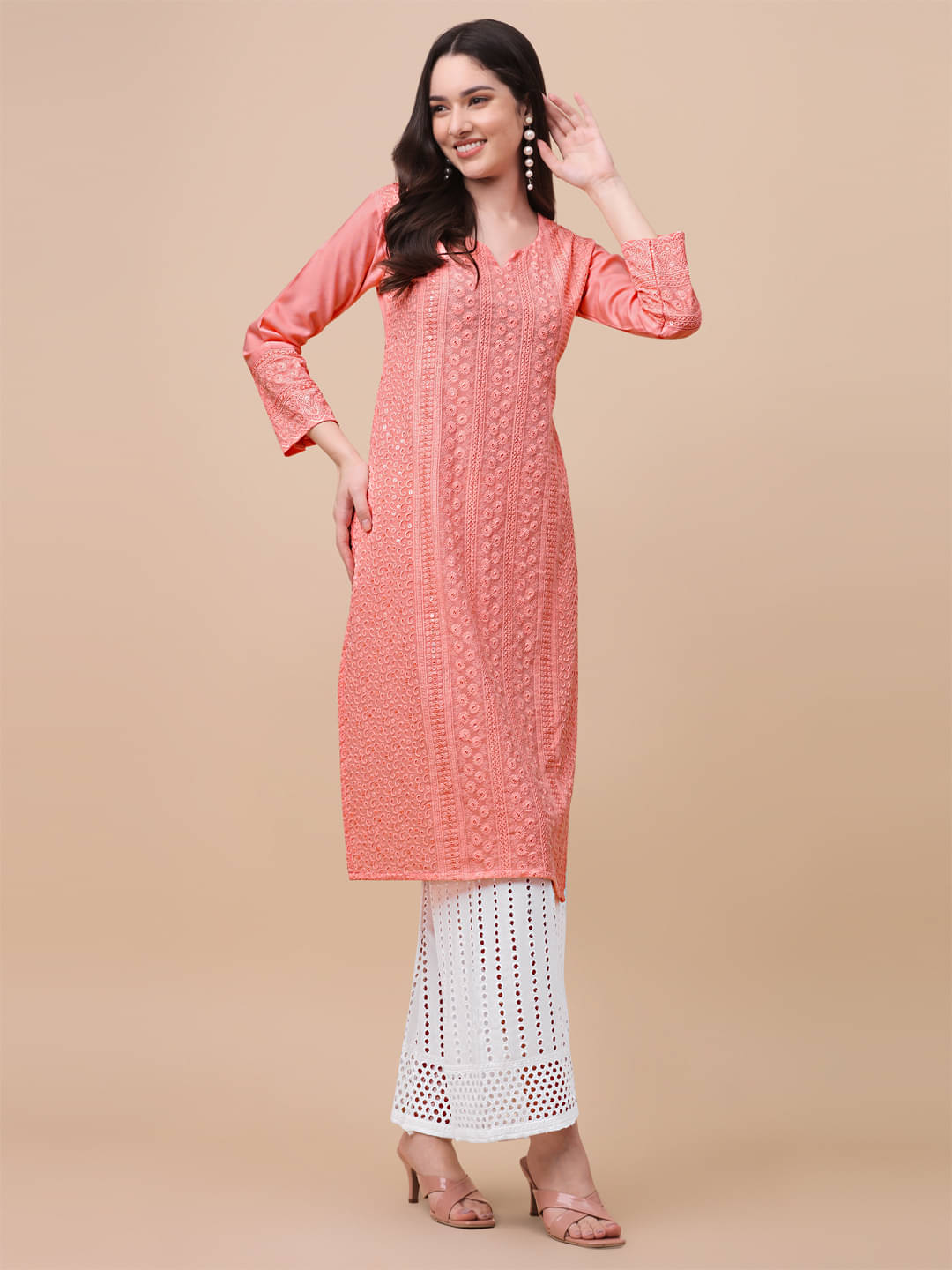     			gufrina Viscose Embroidered Kurti With Palazzo Women's Stitched Salwar Suit - Peach ( Pack of 1 )