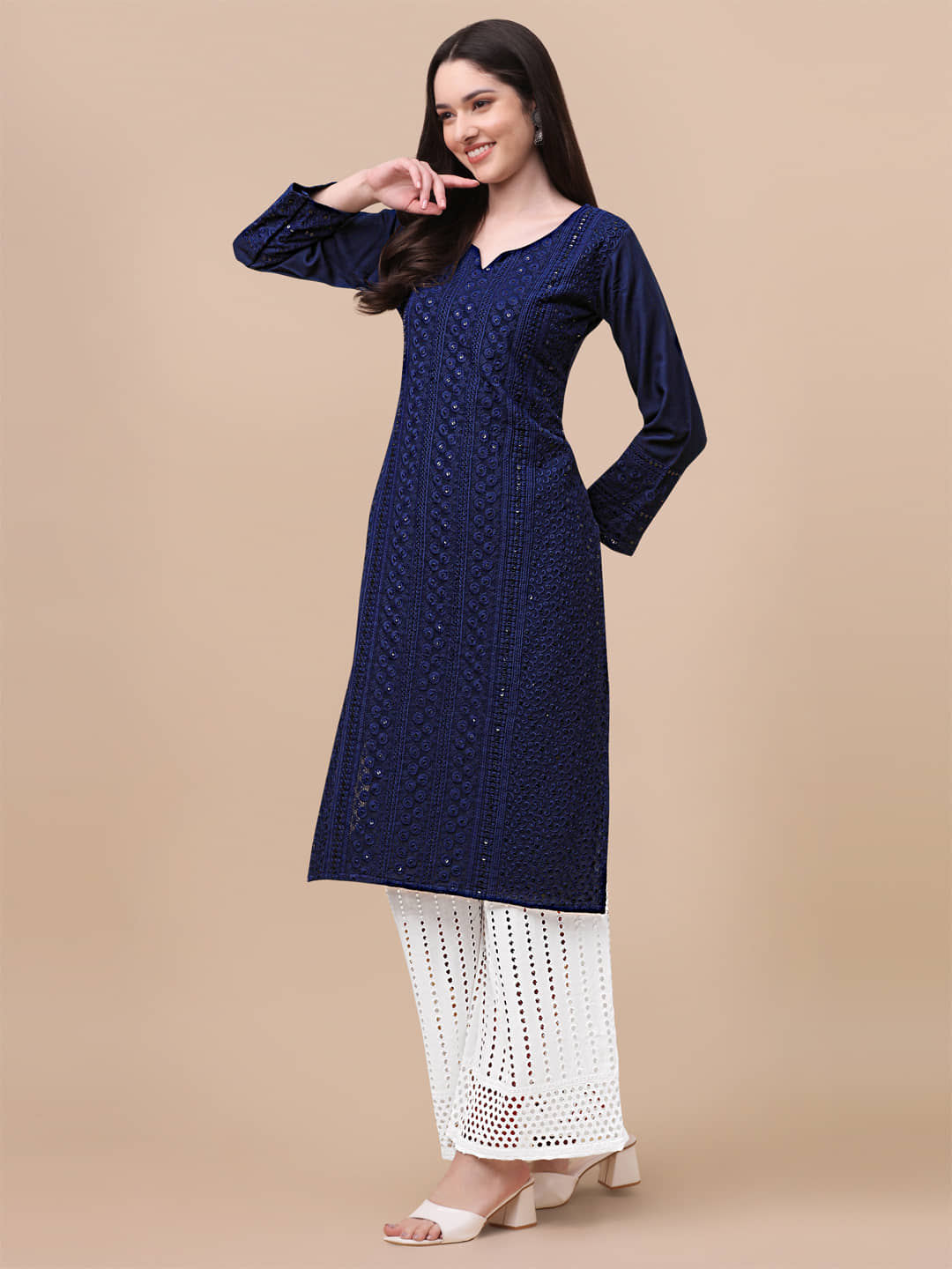 gufrina Viscose Embroidered Kurti With Palazzo Women's Stitched Salwar Suit - Navy ( Pack of 1 )