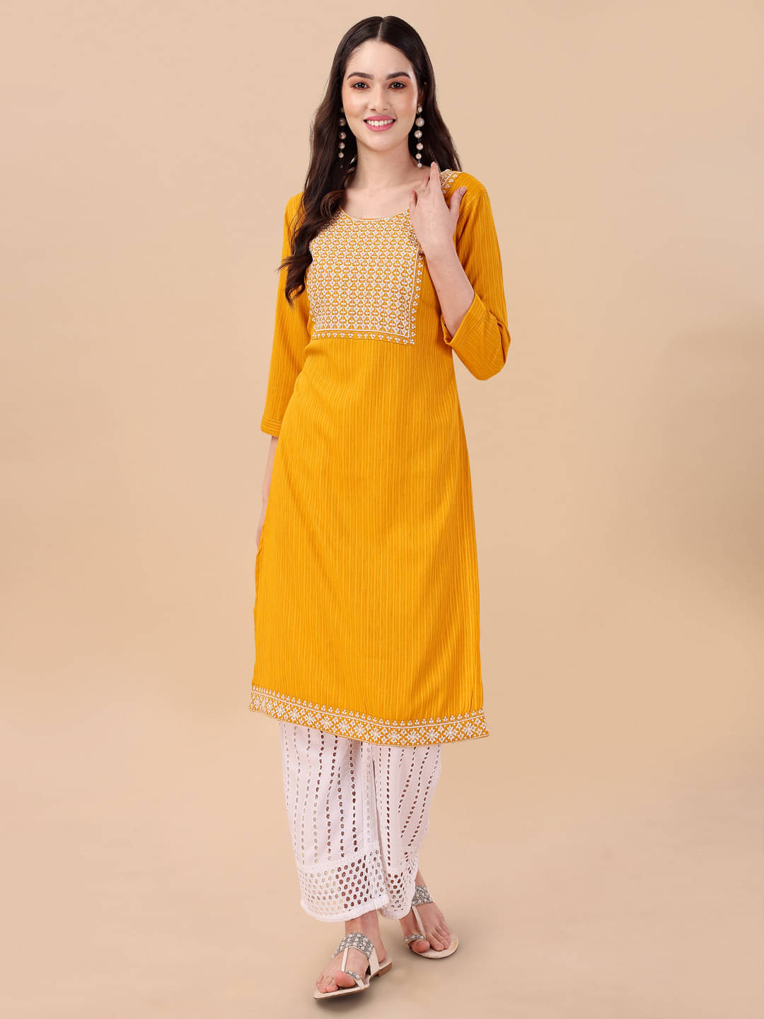 gufrina Viscose Embroidered Kurti With Palazzo Women's Stitched Salwar Suit - Yellow ( Pack of 1 ) gufrina Viscose Embroidered Kurti With Palazzo Women's Stitched Salwar Suit - Yellow ( Pack of 1 )