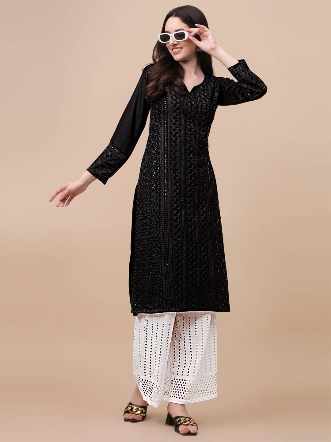 gufrina Viscose Embroidered Kurti With Palazzo Women's Stitched Salwar Suit - Black ( Pack of 1 )