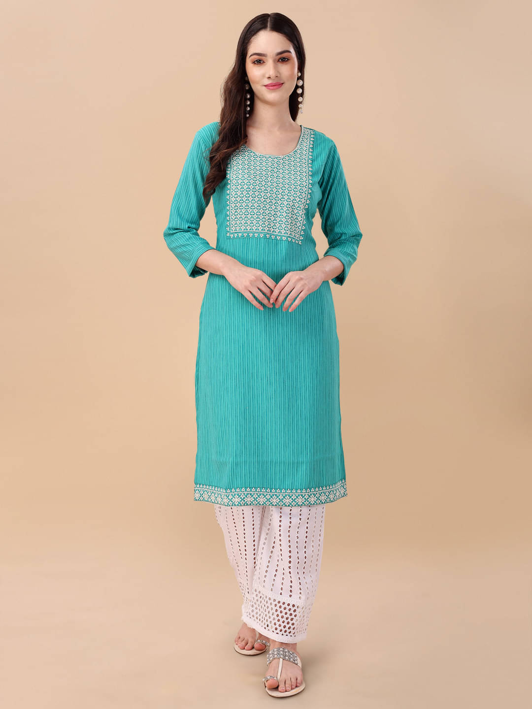 gufrina Viscose Embroidered Kurti With Palazzo Women's Stitched Salwar Suit - Teal ( Pack of 1 ) gufrina Viscose Embroidered Kurti With Palazzo Women's Stitched Salwar Suit - Teal ( Pack of 1 )