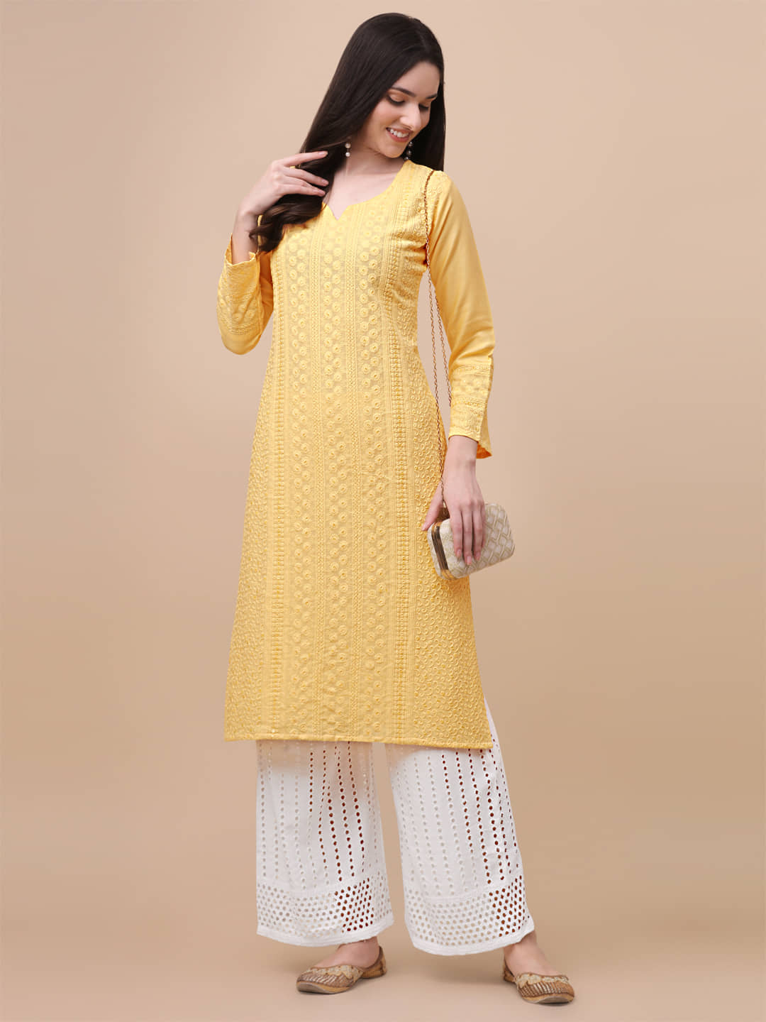 gufrina Viscose Embroidered Kurti With Palazzo Women's Stitched Salwar Suit - Yellow ( Pack of 1 )
