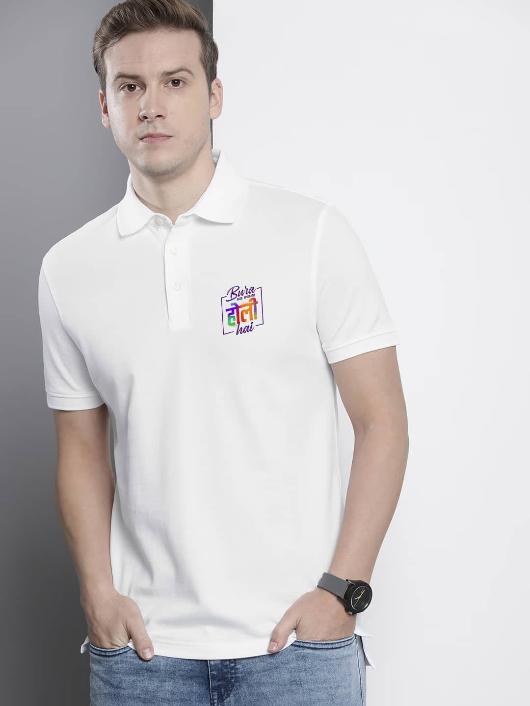 GET GOLF Pack of 1 Cotton Blend Regular Fit Printed Half Sleeves Men's Polo T Shirt ( White )