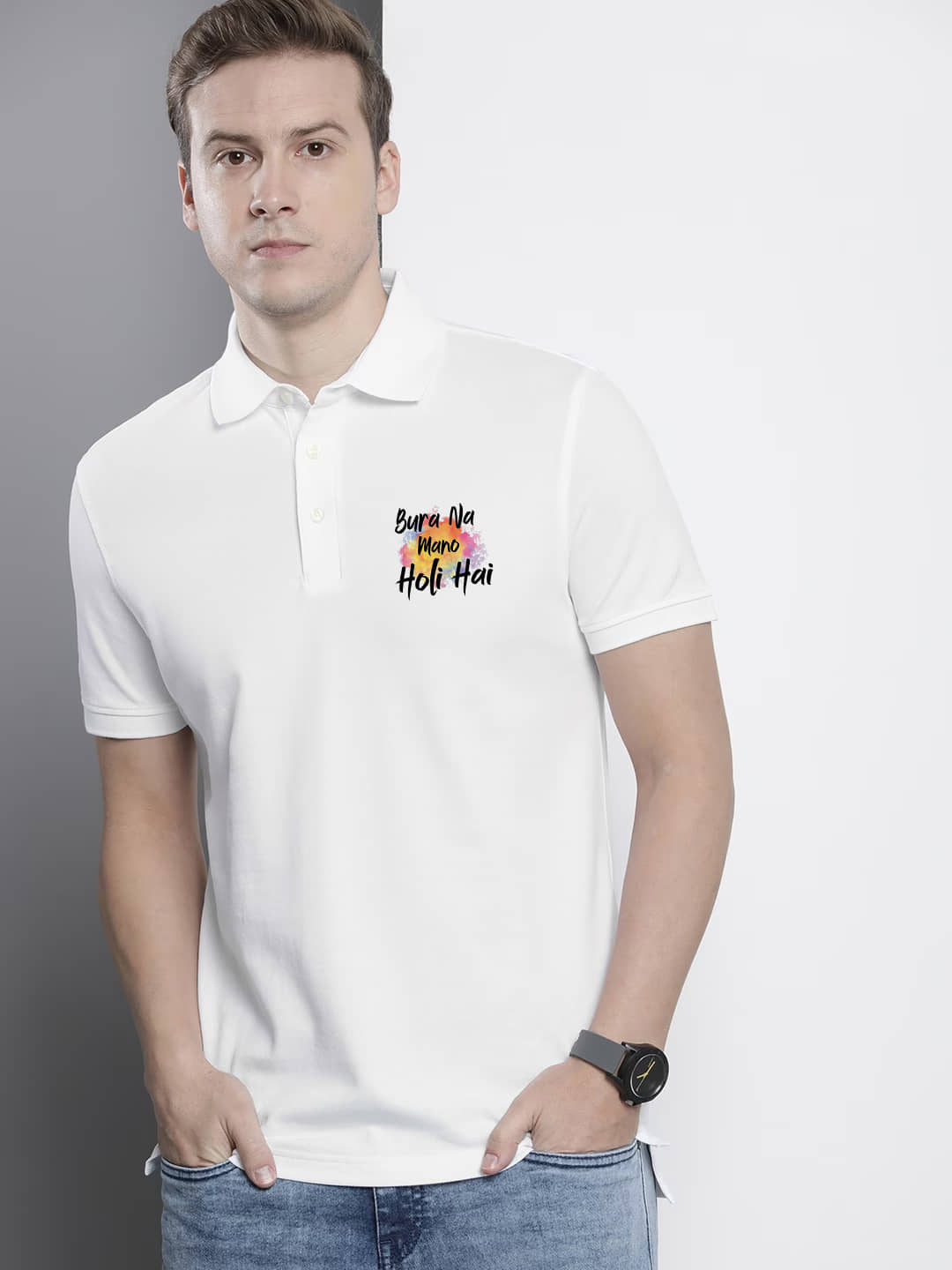 GET GOLF Pack of 1 Cotton Blend Regular Fit Printed Half Sleeves Men's Polo T Shirt ( White )