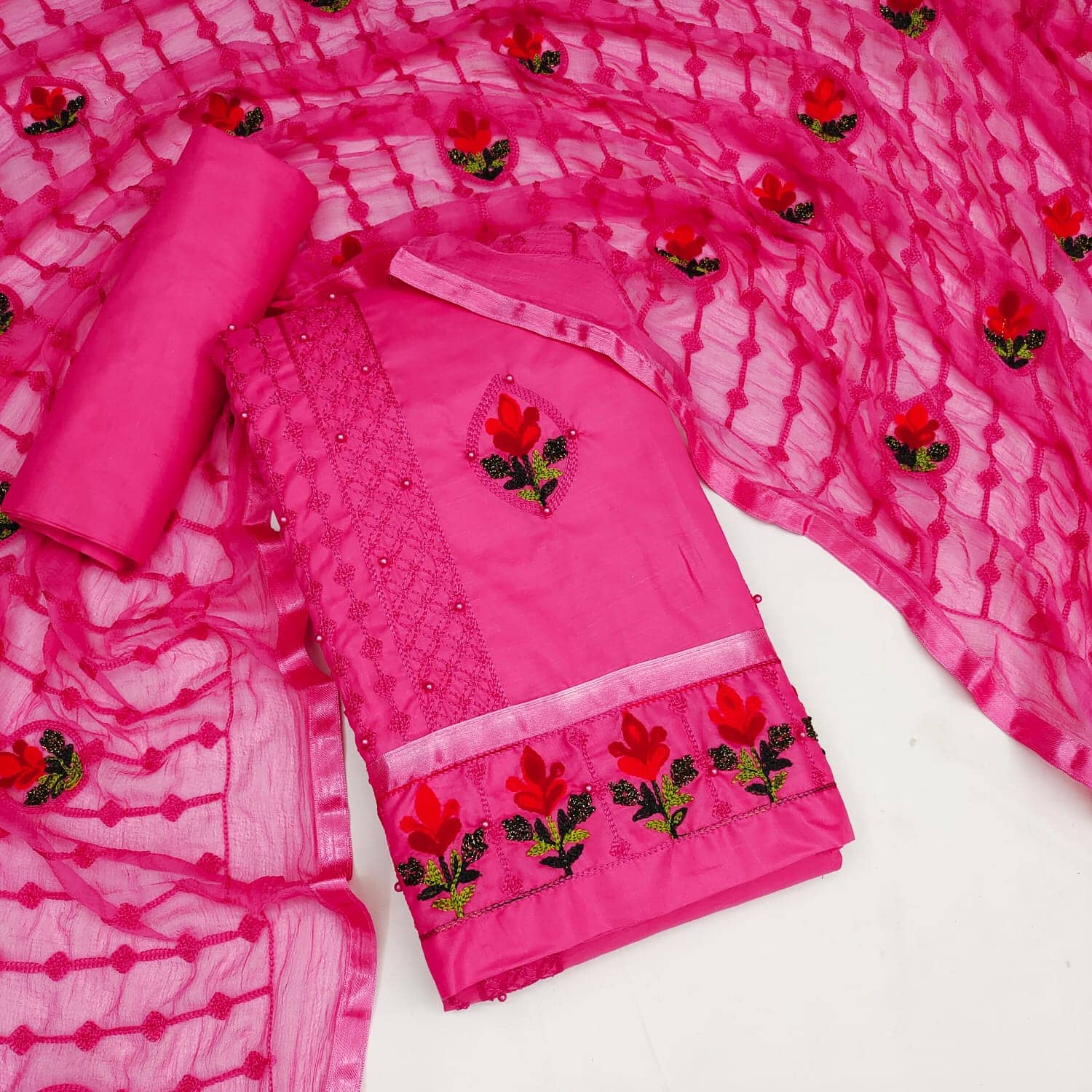 Gazal Fashions Unstitched Cotton Blend Embroidered Dress Material - Pink ( Pack of 1 ) - Unstitched Fabrics | Buy online on ZillyBuy