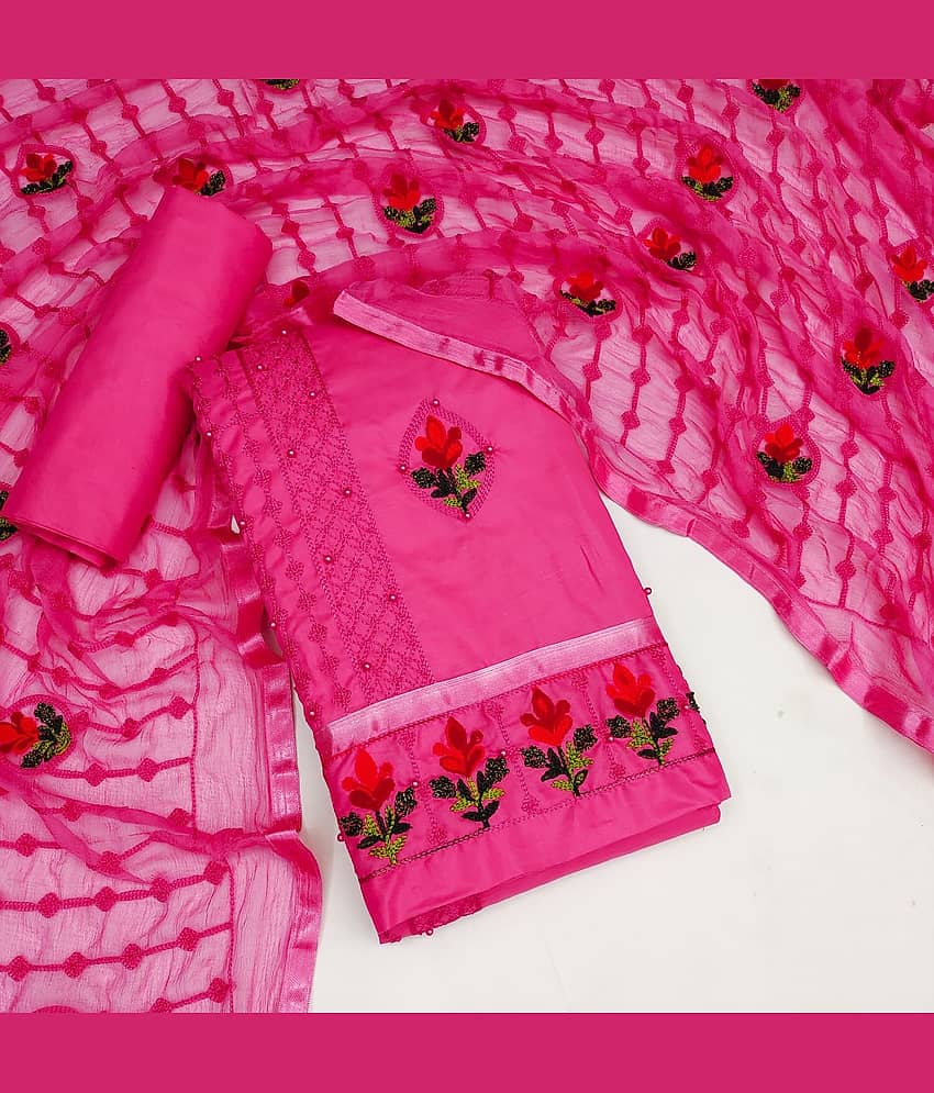 Gazal Fashions Unstitched Cotton Blend Embroidered Dress Material - Pink ( Pack of 1 ) - Unstitched Fabrics | Buy online on ZillyBuy