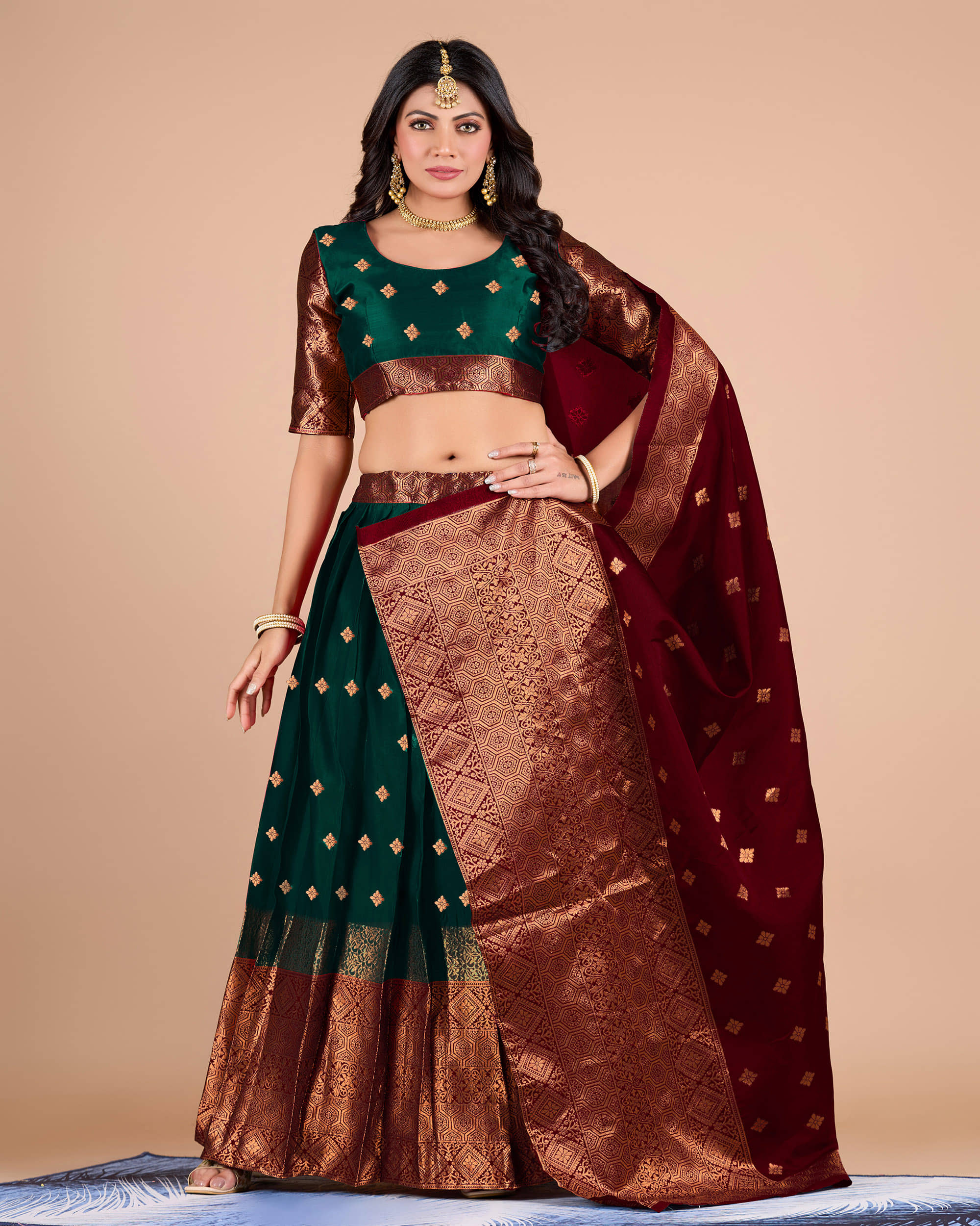 ISARA Green Banarasi Silk A-line Unstitched Lehenga Single