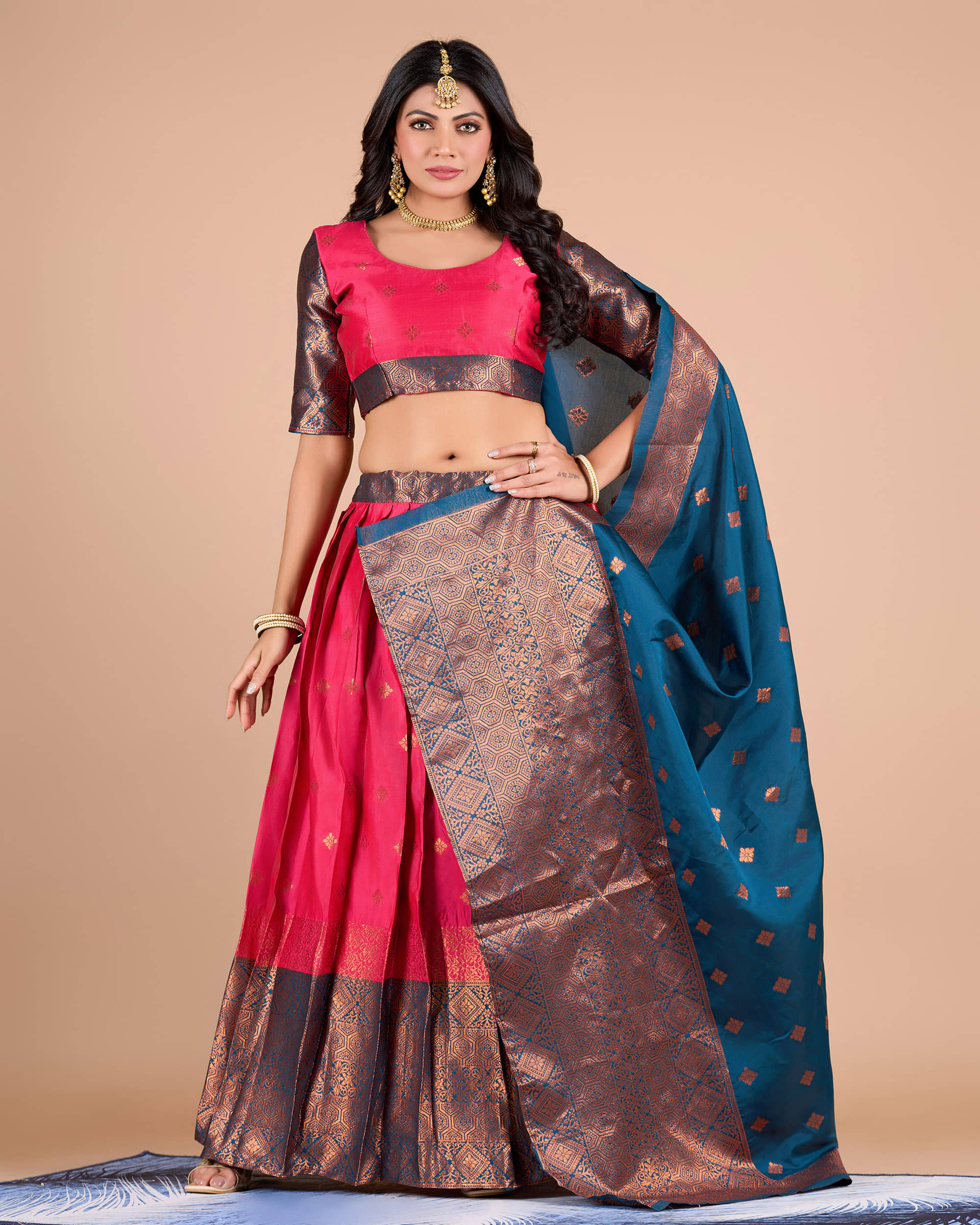 Indesa Pink Banarasi Silk A-line Unstitched Lehenga Single