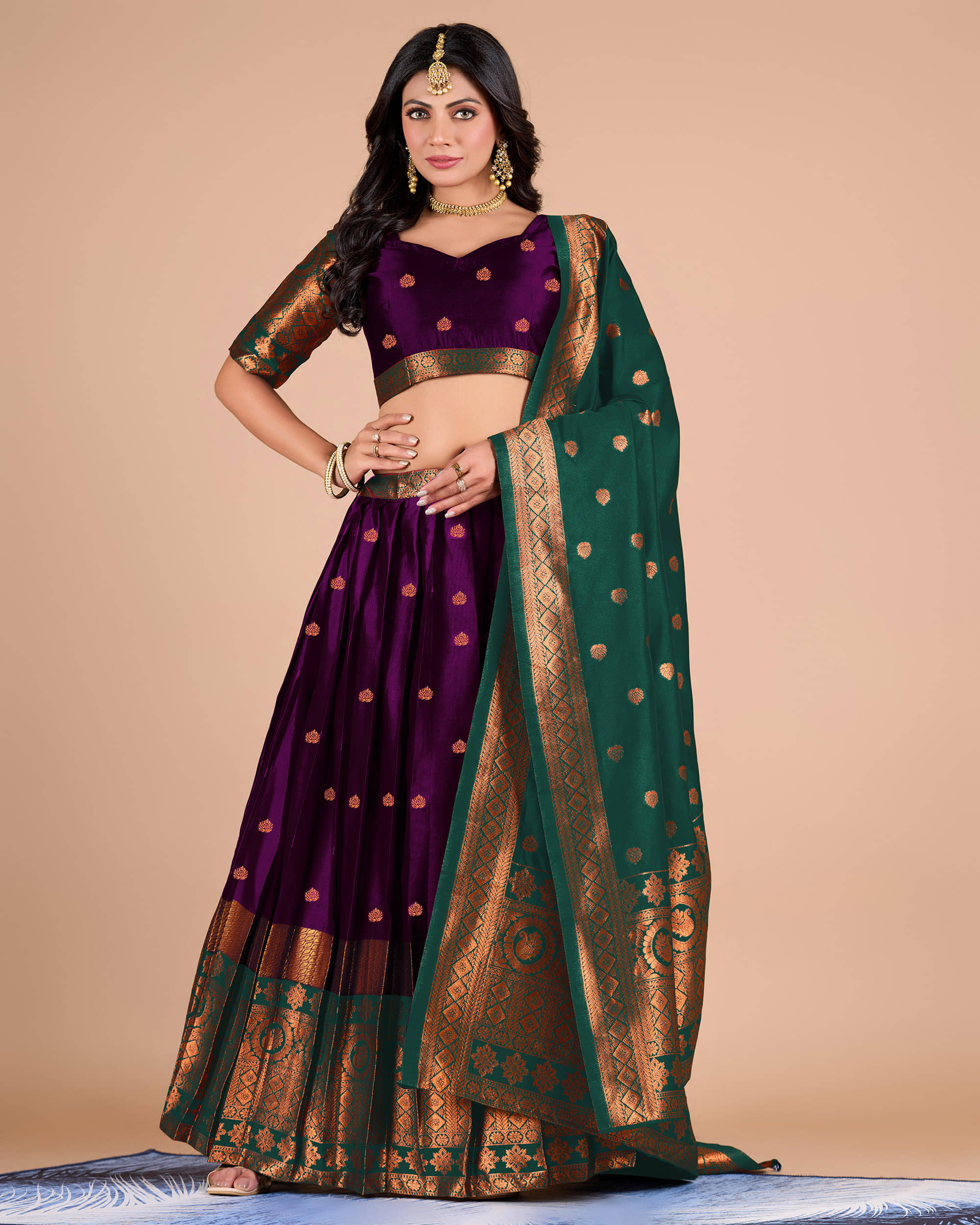 Indesa Beige Banarasi Silk A-line Unstitched Lehenga Single