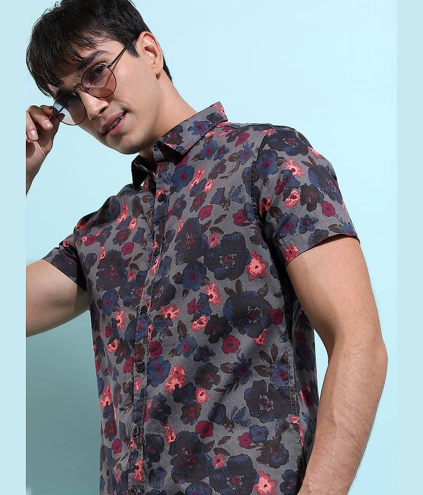 Ketch 100% Cotton Slim Fit Printed Half Sleeves Men's Casual Shirt - Grey ( Pack of 1 )