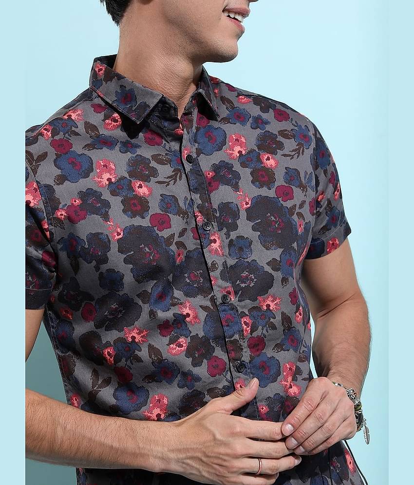 Ketch 100% Cotton Slim Fit Printed Half Sleeves Men's Casual Shirt - Grey ( Pack of 1 )