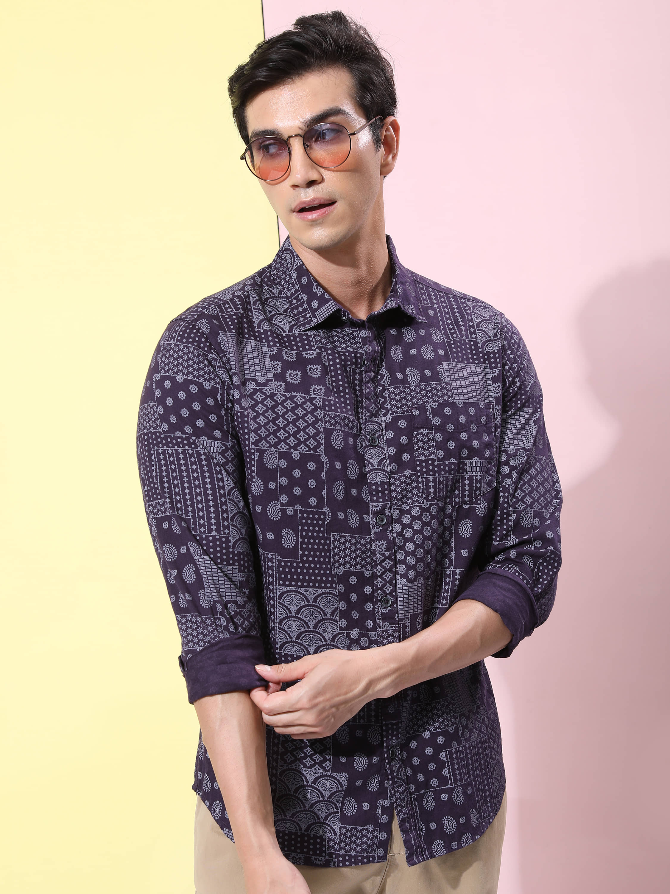 Ketch 100% Cotton Slim Fit Printed Full Sleeves Men's Casual Shirt - Purple ( Pack of 1 )