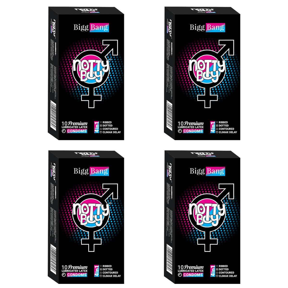 NottyBoy Bigg Bang 4IN1 Dotted Ribbed Contoured Over Time Condoms - 40 Units
