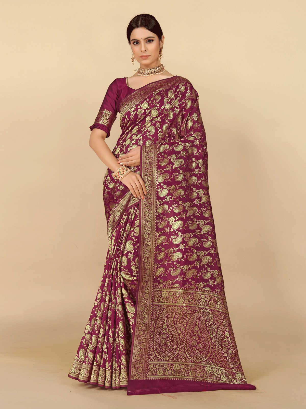 BLEESBURY Banarasi Silk Woven Saree With Unstitched Blouse Piece ( Maroon ) - Sarees | Buy online on ZillyBuy