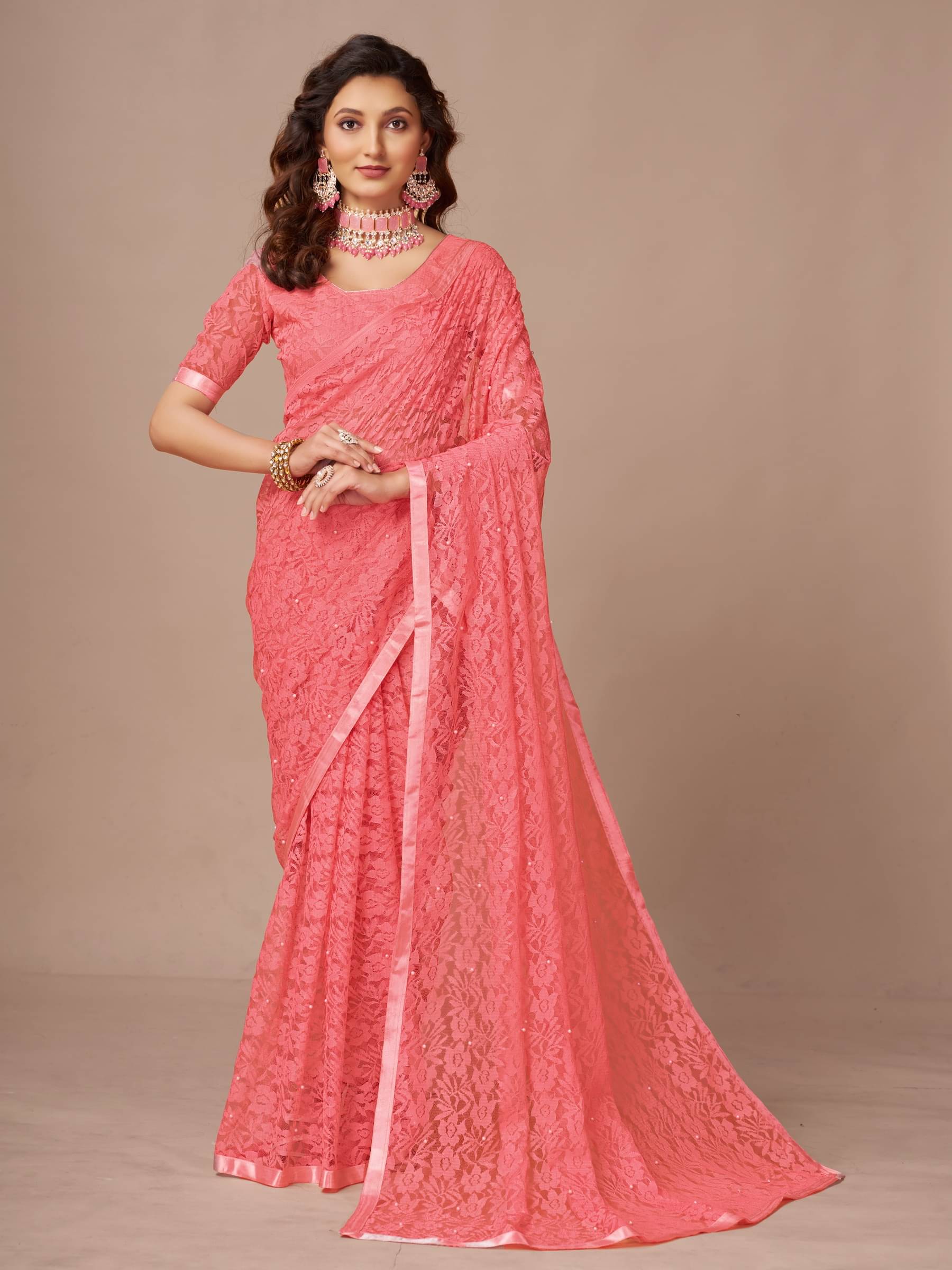 VANRAJ CREATION Net Self Design Saree With Unstitched Blouse Piece ( Pink ) VANRAJ CREATION Net Self Design Saree With Unstitched Blouse Piece ( Pink )