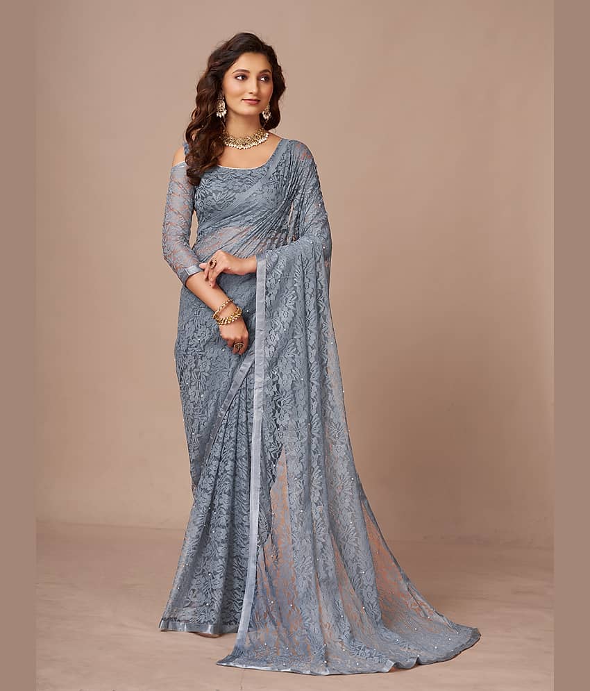 VANRAJ CREATION Net Self Design Saree With Unstitched Blouse Piece ( Grey ) - Sarees | Buy online on ZillyBuy