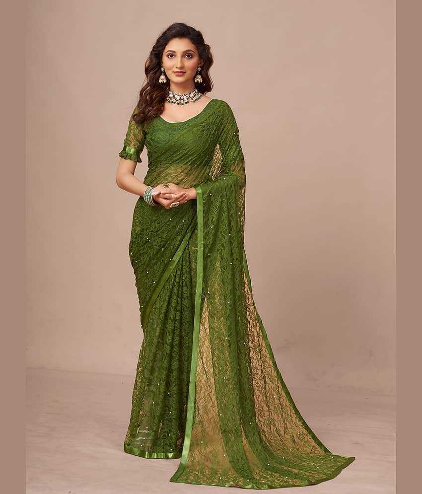 VANRAJ CREATION Net Self Design Saree With Unstitched Blouse Piece ( Green ) - Sarees | Buy online on ZillyBuy