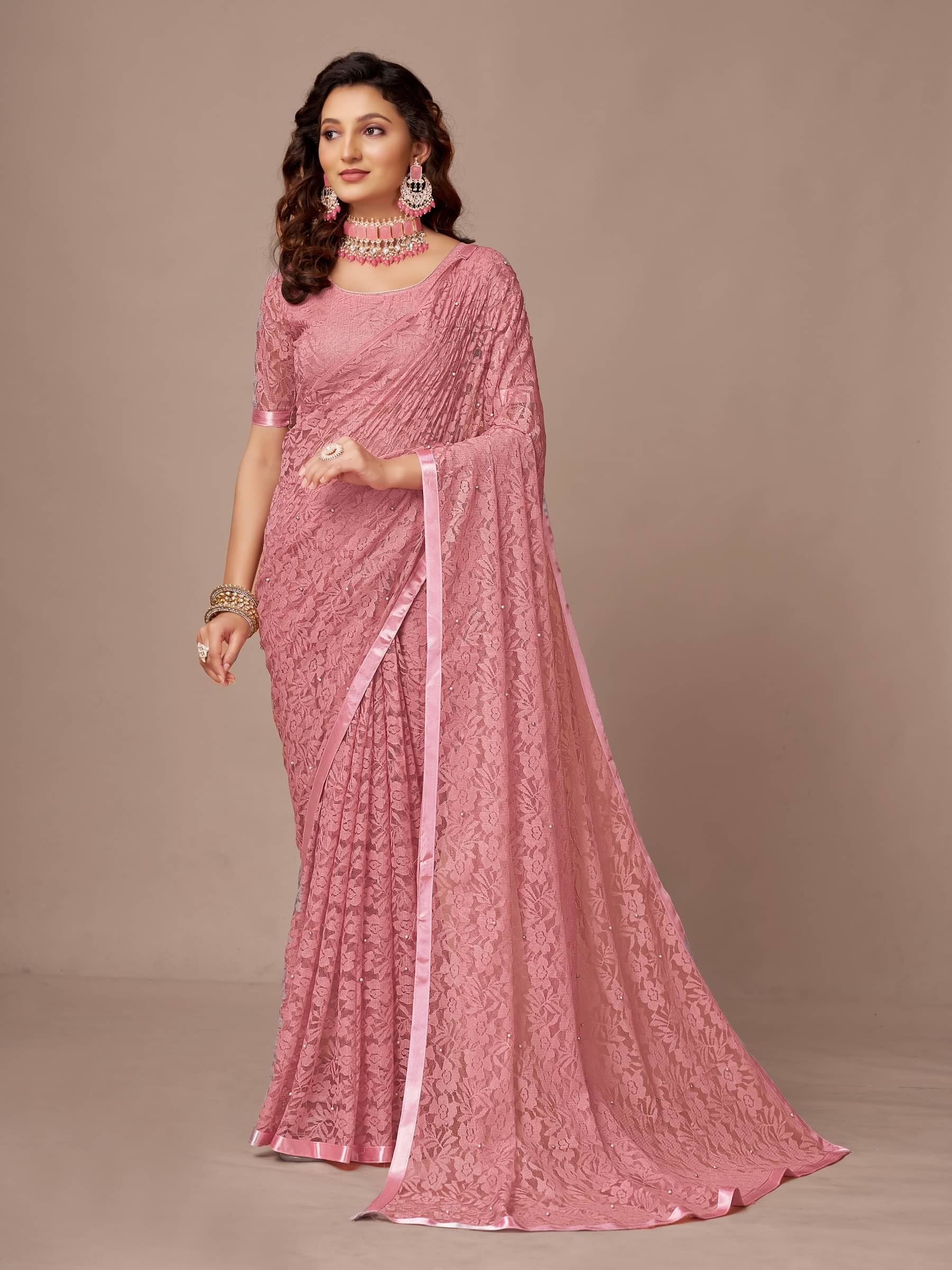 VANRAJ CREATION Net Self Design Saree With Unstitched Blouse Piece ( Brown ) VANRAJ CREATION Net Self Design Saree With Unstitched Blouse Piece ( Brown )