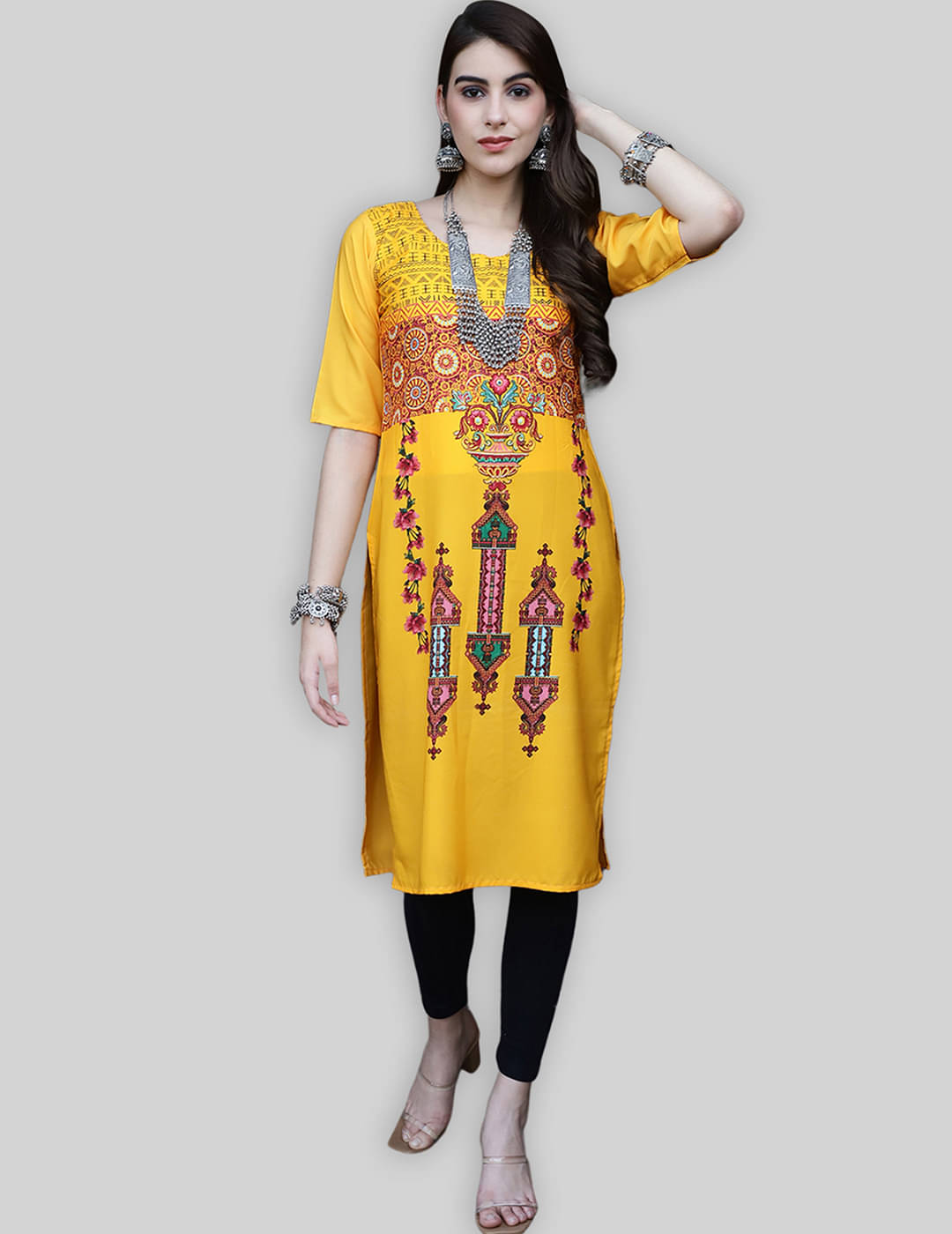 7Threads Crepe Printed Straight Women's Kurti - Yellow ( Pack of 1 ) 7Threads Crepe Printed Straight Women's Kurti - Yellow ( Pack of 1 )