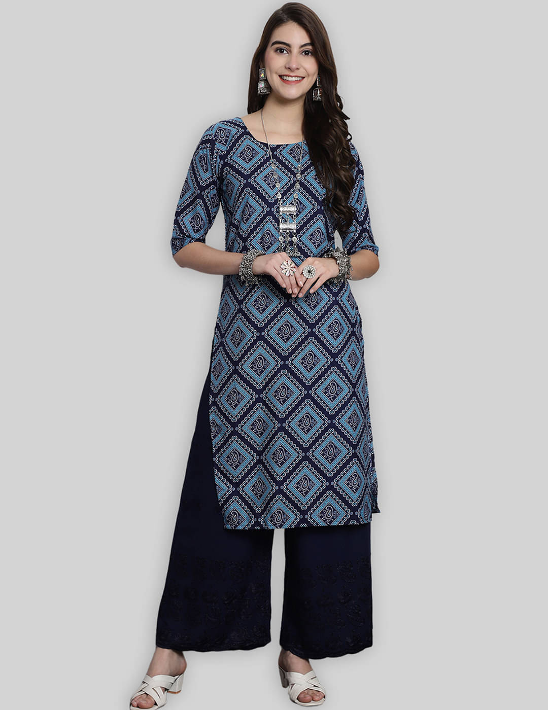     			7Threads Crepe Printed Straight Women's Kurti - Blue ( Pack of 1 )