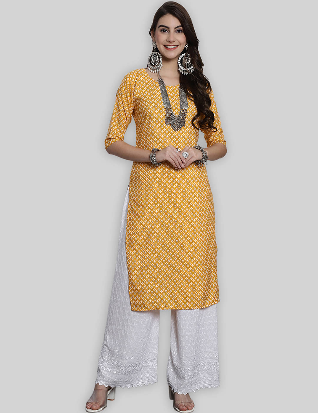 7Threads Crepe Printed Straight Women's Kurti - Yellow ( Pack of 1 ) 7Threads Crepe Printed Straight Women's Kurti - Yellow ( Pack of 1 )