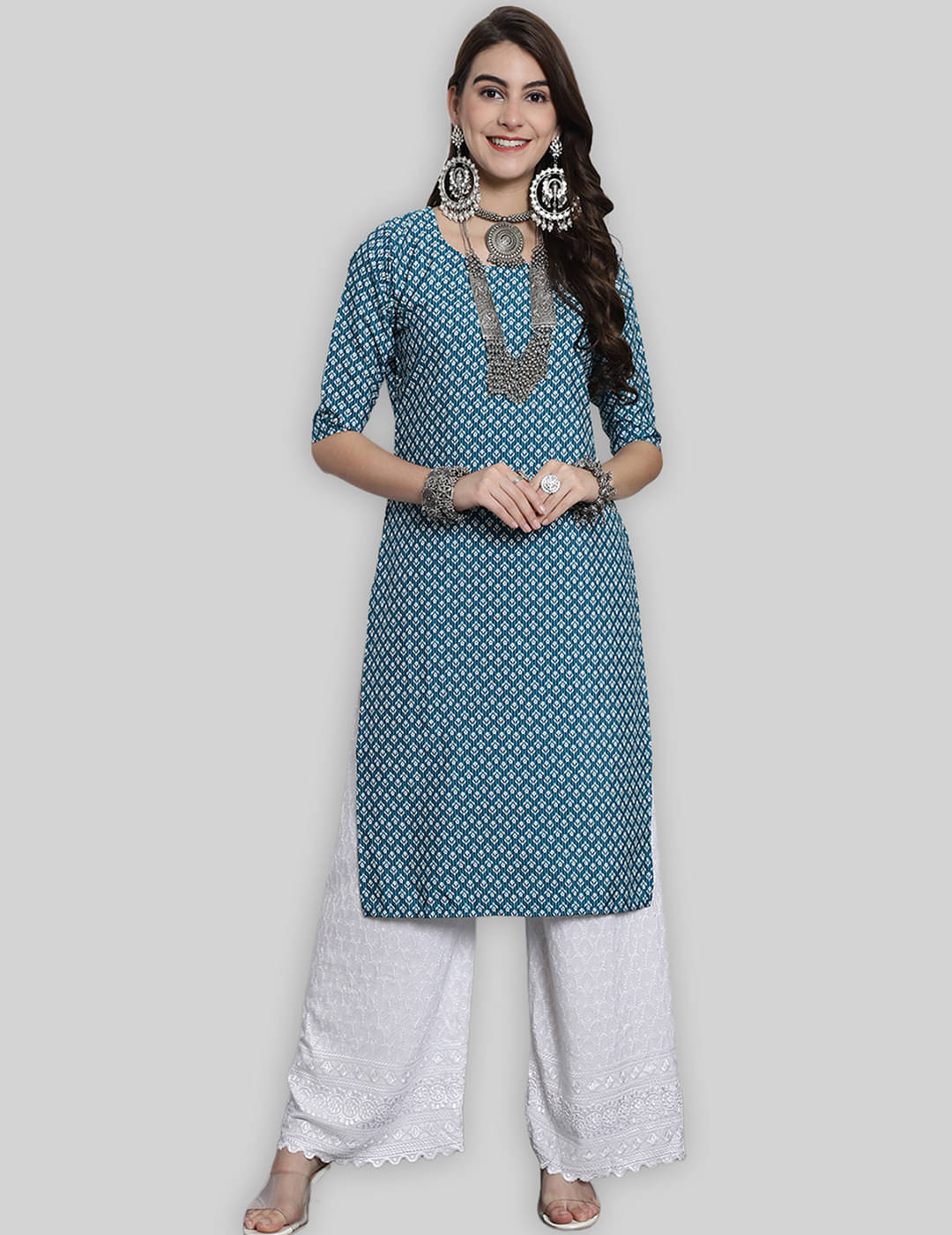     			7Threads Crepe Printed Straight Women's Kurti - Blue ( Pack of 1 )
