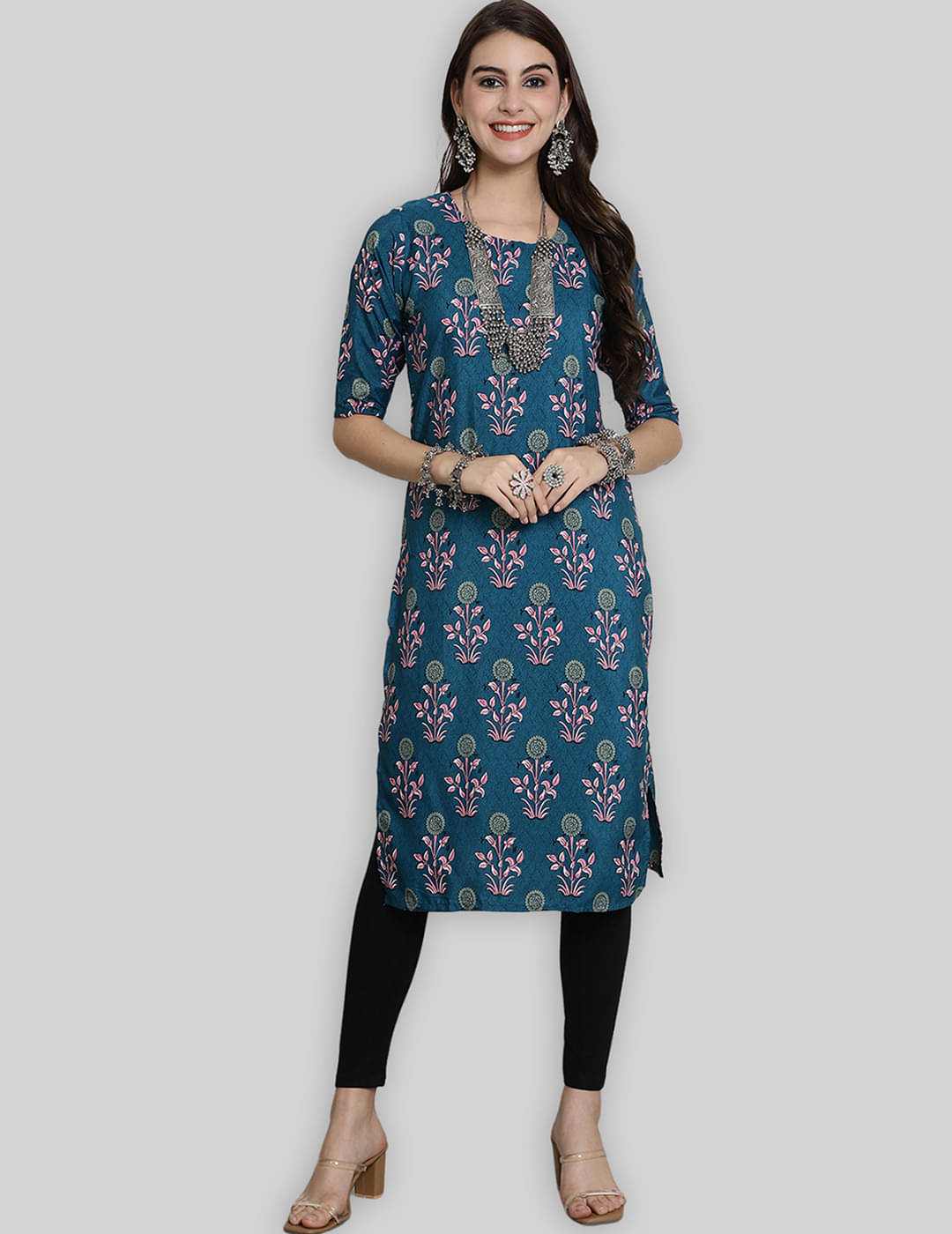     			7Threads Crepe Printed Straight Women's Kurti - Blue ( Pack of 1 )