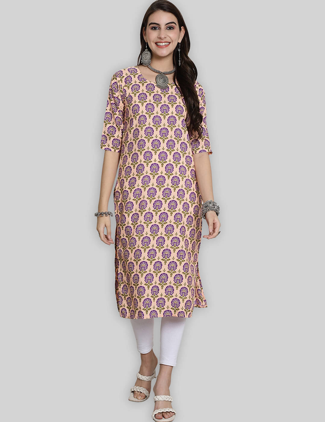     			7Threads Crepe Printed Straight Women's Kurti - Beige ( Pack of 1 )