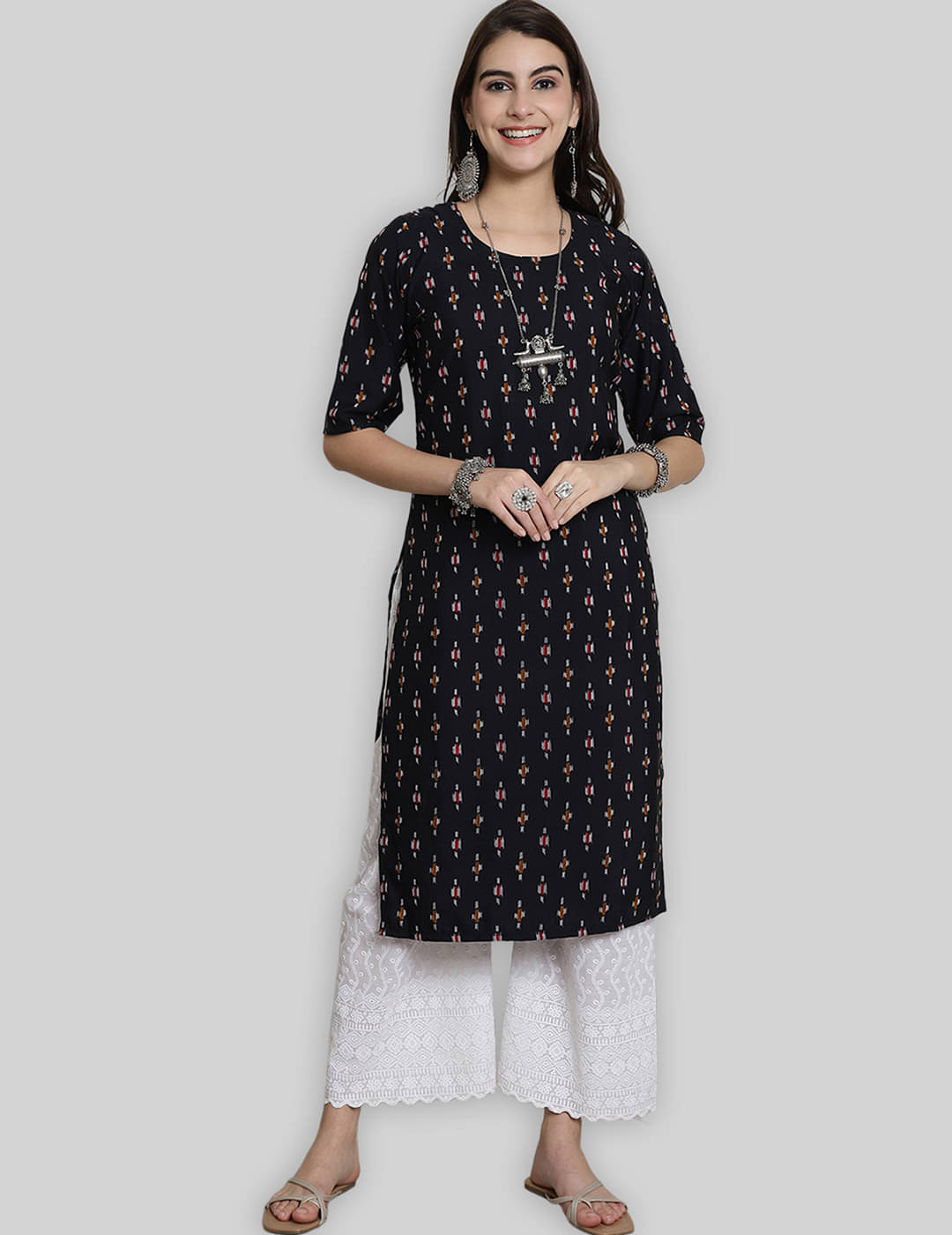7Threads Crepe Printed Straight Women's Kurti - Black ( Pack of 1 ) 7Threads Crepe Printed Straight Women's Kurti - Black ( Pack of 1 )