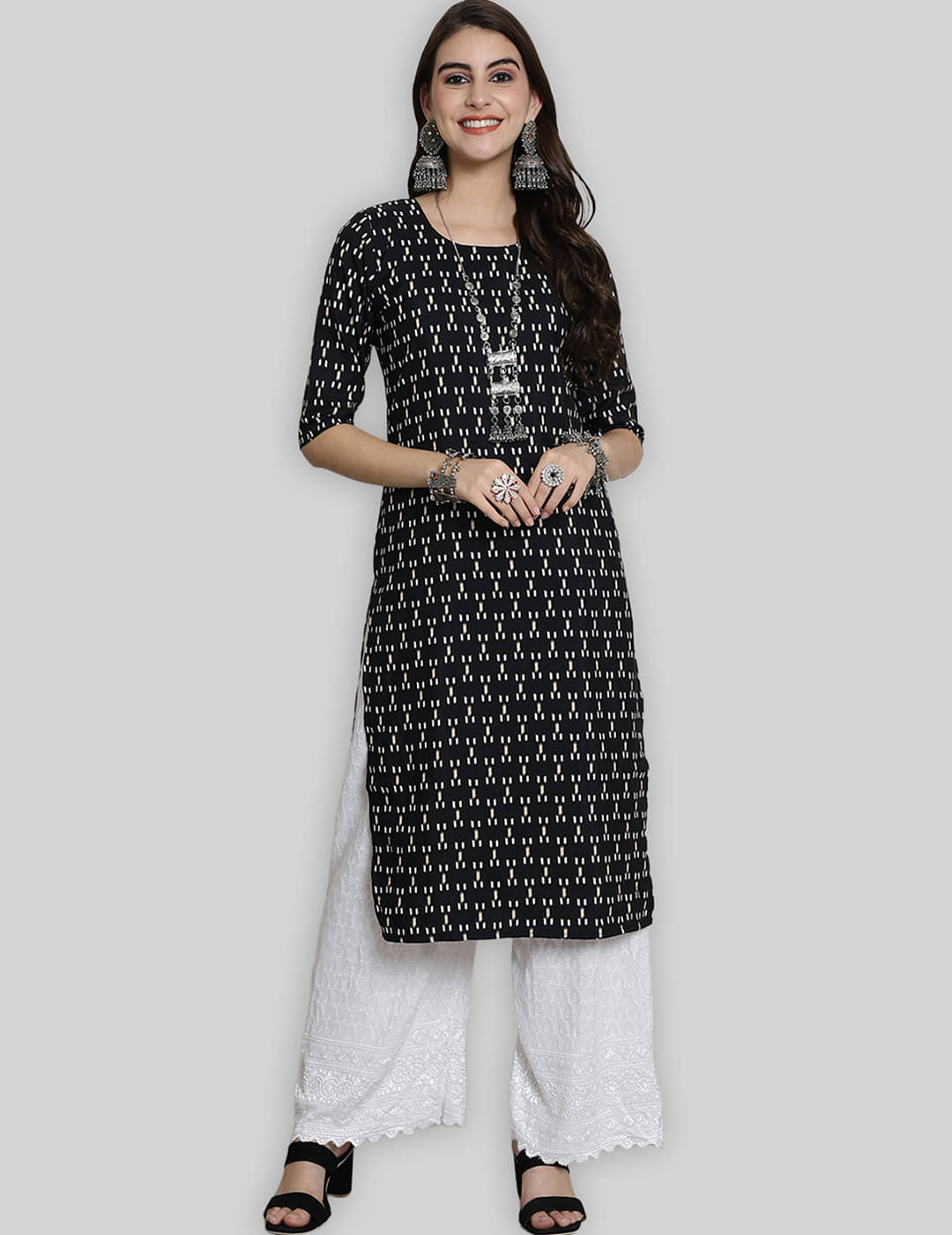 7Threads Crepe Printed Straight Women's Kurti - Black ( Pack of 1 )     			7Threads Crepe Printed Straight Women's Kurti - Black ( Pack of 1 )