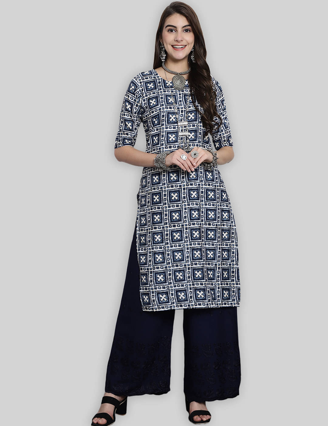     			7Threads Crepe Printed Straight Women's Kurti - Blue ( Pack of 1 )