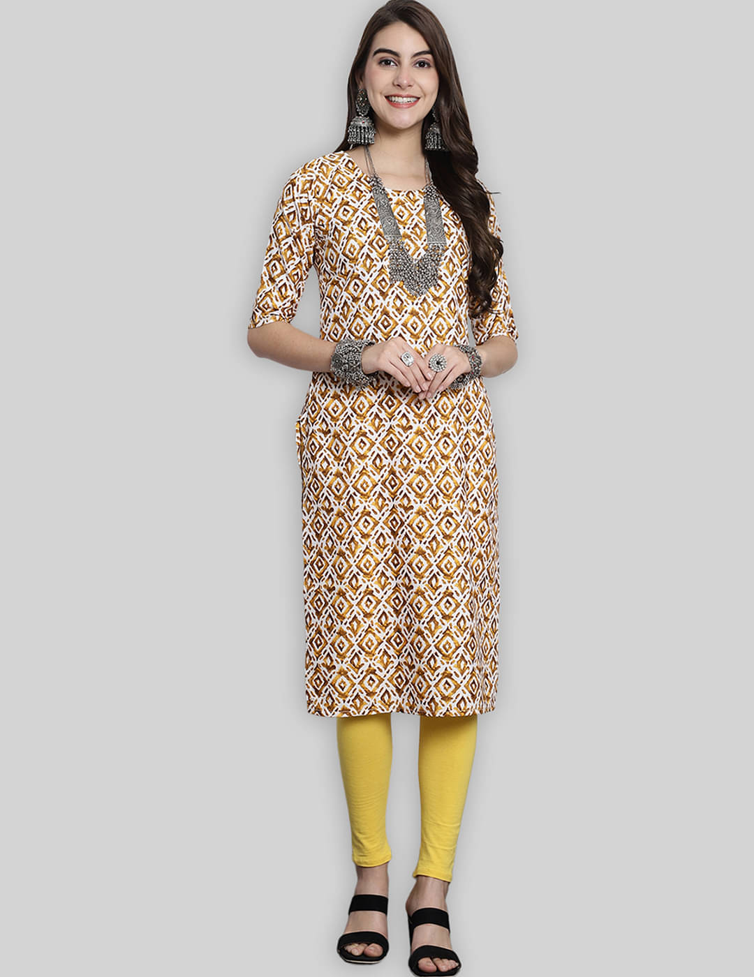 7Threads Crepe Printed Straight Women's Kurti - Yellow ( Pack of 1 ) 7Threads Crepe Printed Straight Women's Kurti - Yellow ( Pack of 1 )