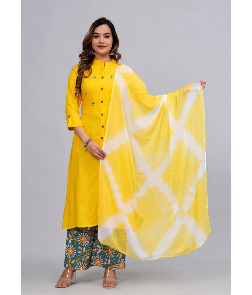 MAUKA Rayon Embroidered Kurti With Palazzo Women's Stitched Salwar Suit - Yellow ( Pack of 1 ) MAUKA Rayon Embroidered Kurti With Palazzo Women's Stitched Salwar Suit - Yellow ( Pack of 1 )