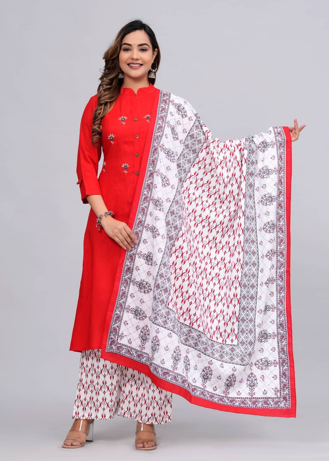 MAUKA Rayon Embroidered Kurti With Palazzo Women's Stitched Salwar Suit - Red ( Pack of 1 ) MAUKA Rayon Embroidered Kurti With Palazzo Women's Stitched Salwar Suit - Red ( Pack of 1 )