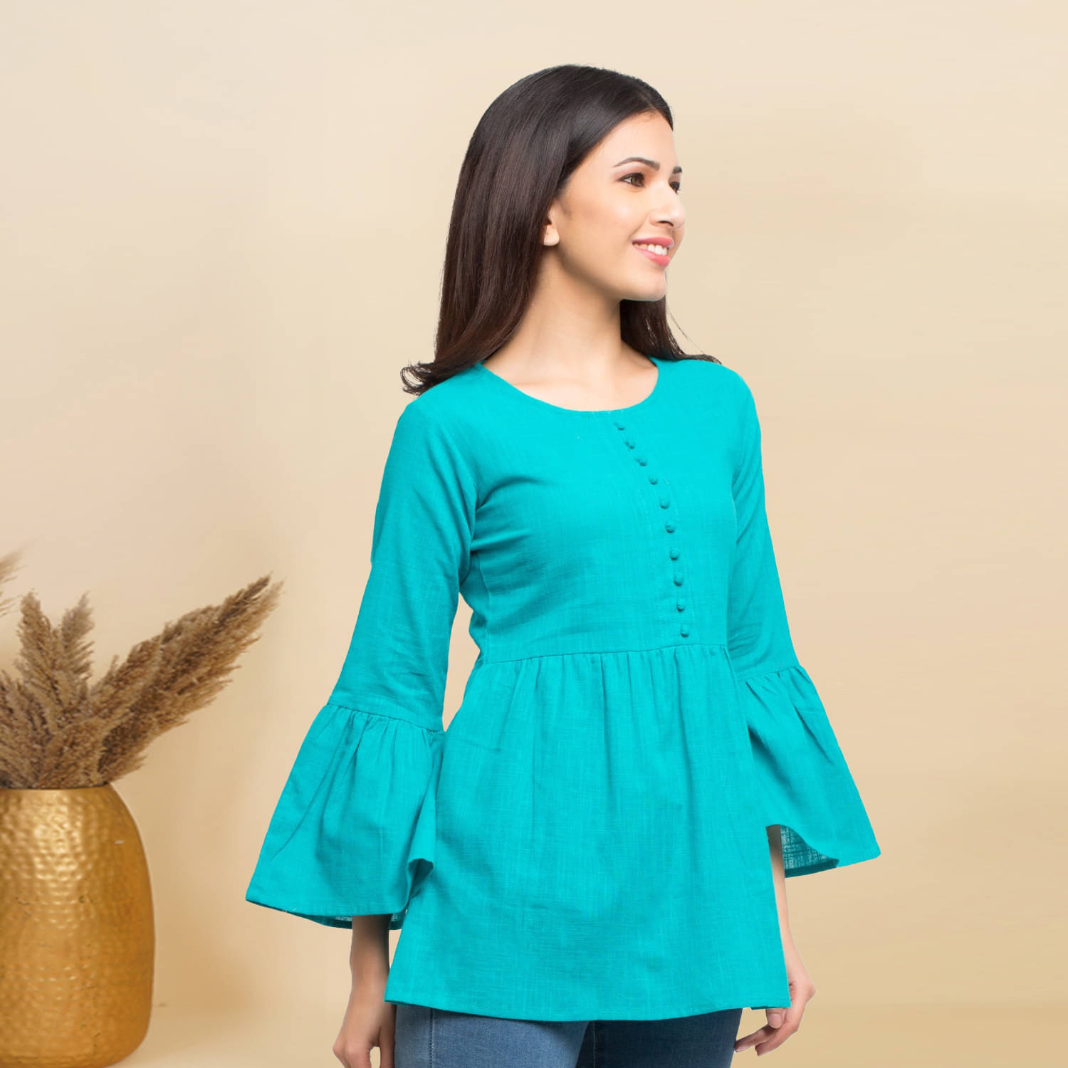 Yash Gallery Women's Cotton A-Line Top ( Turquoise )     			Yash Gallery Women's Cotton A-Line Top ( Turquoise )
