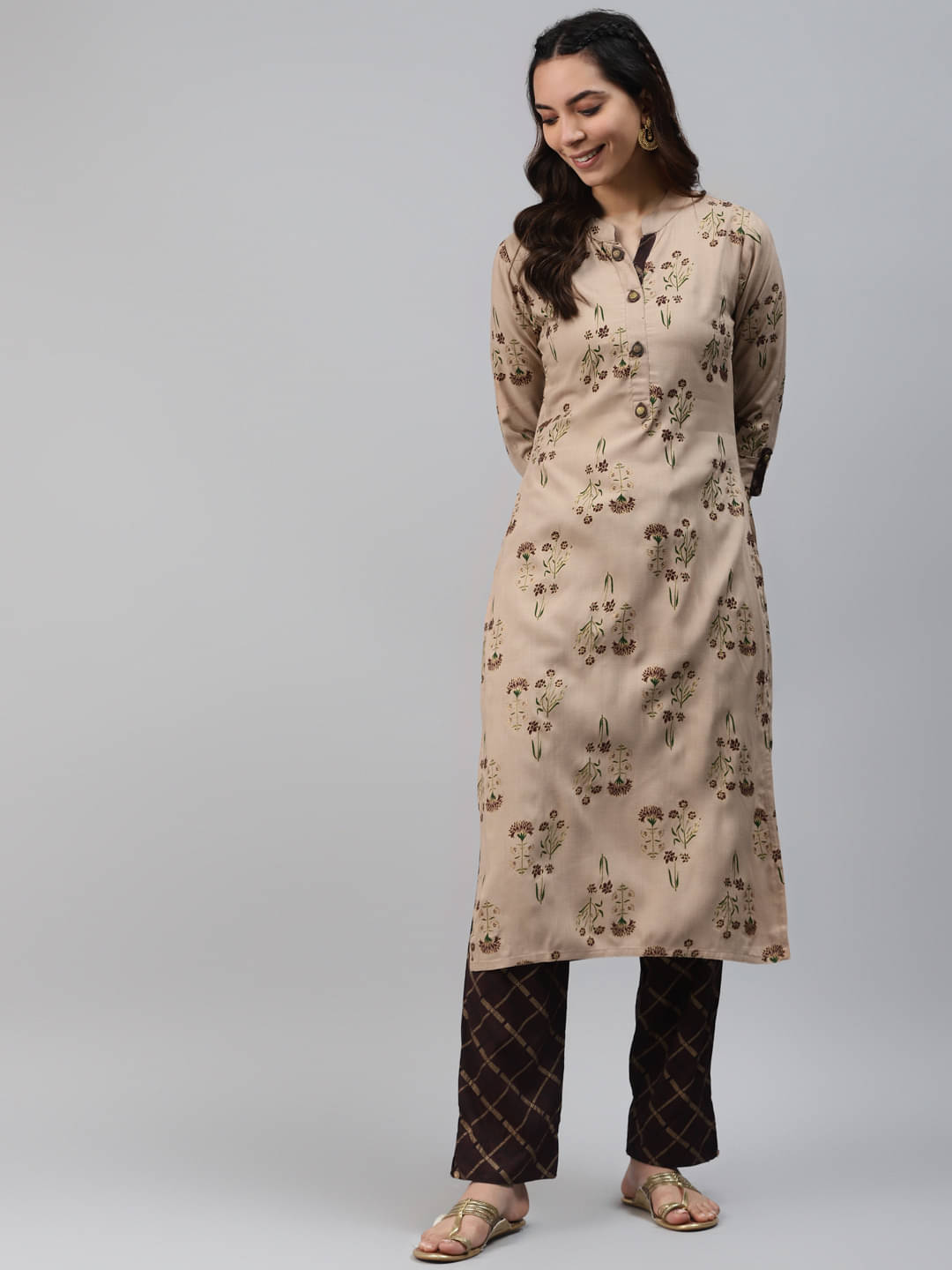     			JC4U Rayon Printed Kurti With Pants Women's Stitched Salwar Suit - Beige ( Pack of 1 )