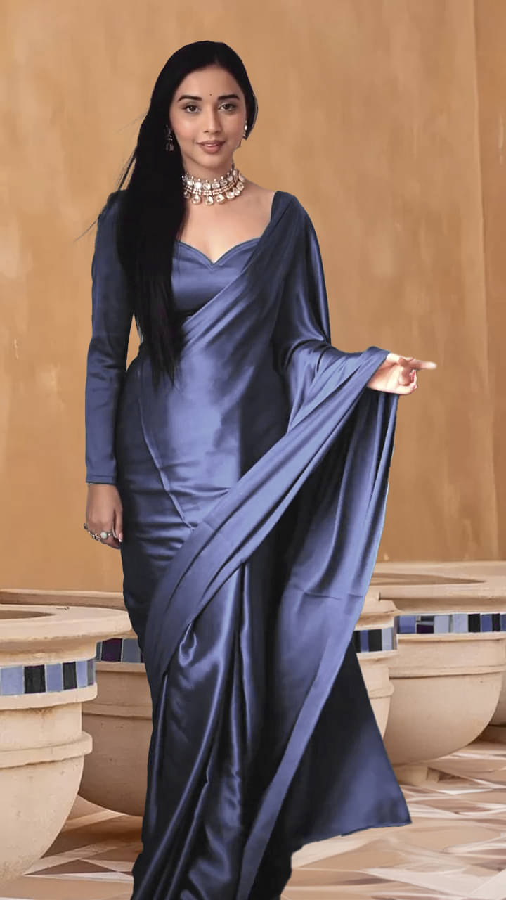 Awesome Satin Solid Saree With Unstitched Blouse Piece ( Navy Blue ) Awesome Satin Solid Saree With Unstitched Blouse Piece ( Navy Blue )