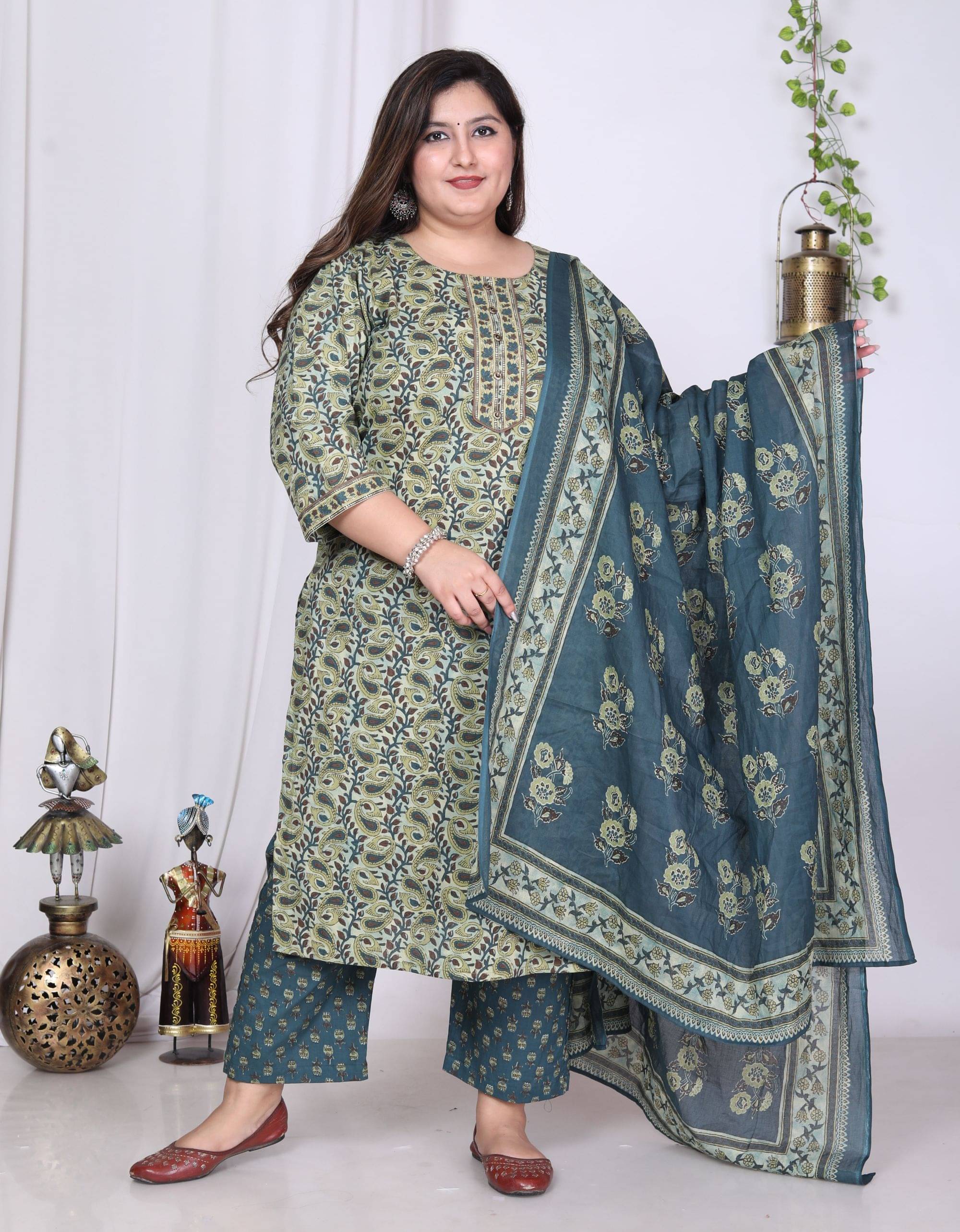     			Swasti Cotton Printed Kurti With Palazzo Women's Stitched Salwar Suit - Green ( Pack of 3 )