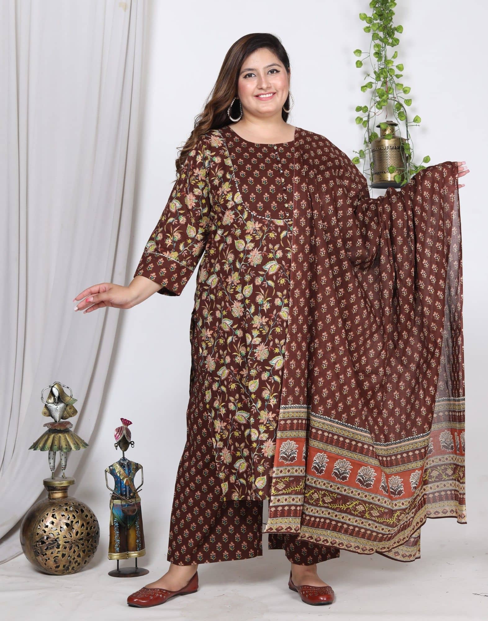 Swasti Cotton Printed Kurti With Palazzo Women's Stitched Salwar Suit - Brown ( Pack of 1 )