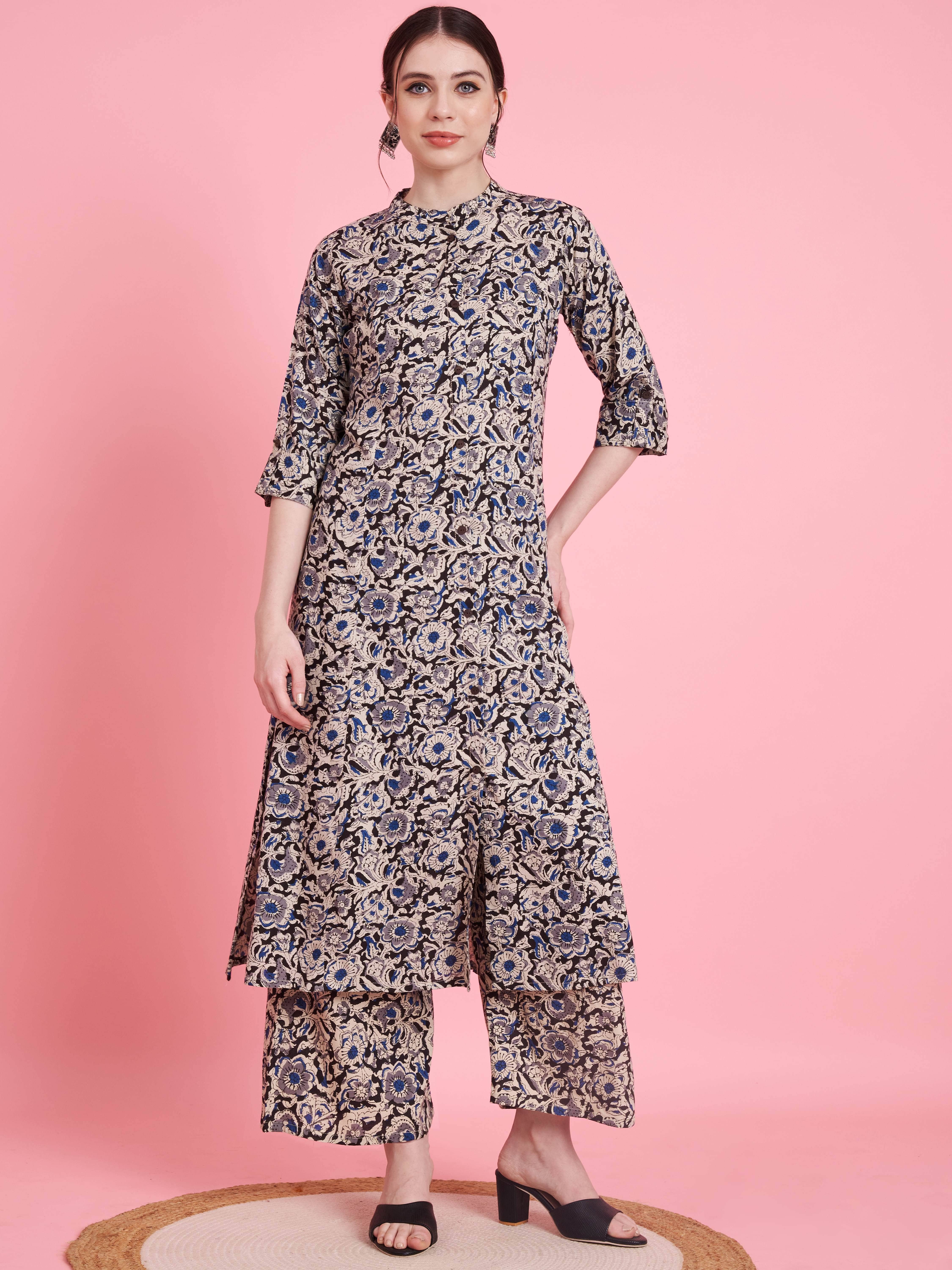 Vbuyz Rayon Printed Kurti With Palazzo Women's Stitched Salwar Suit - Black ( Pack of 1 )