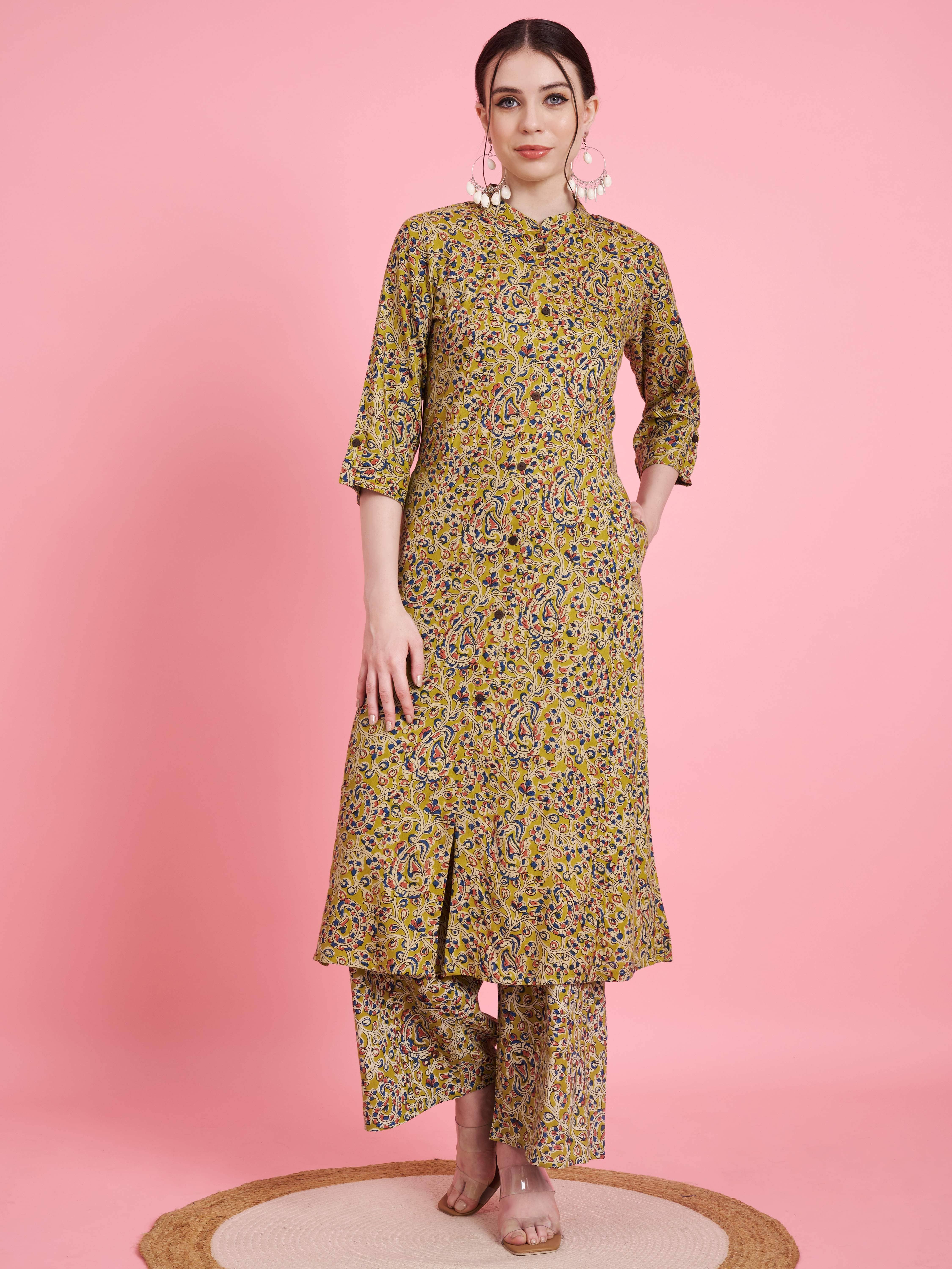Vbuyz Rayon Printed Kurti With Palazzo Women's Stitched Salwar Suit - Green ( Pack of 1 )