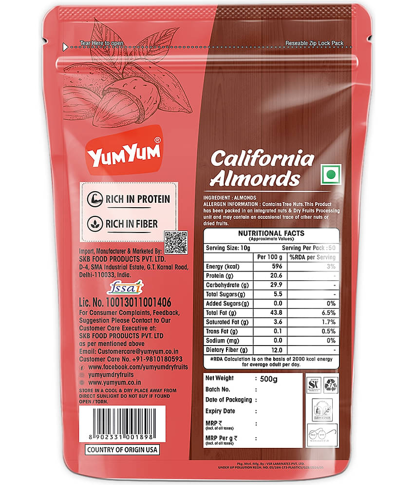 YUM YUM 100% Natural California Almonds (500 g)