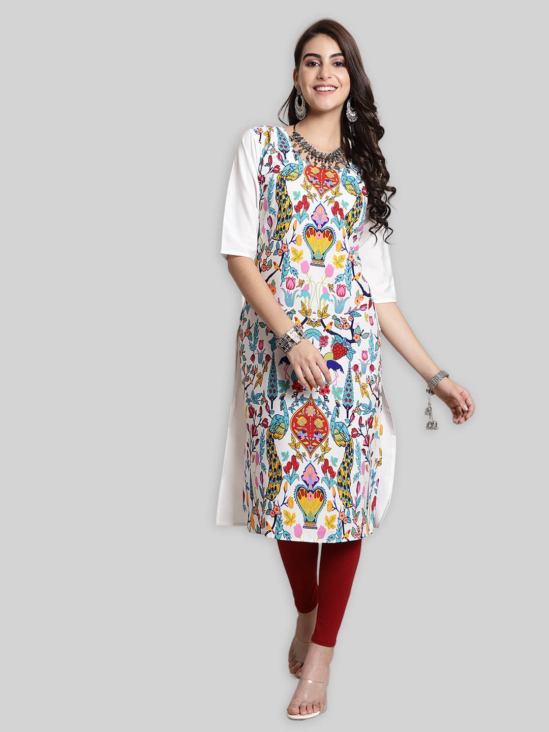     			7Threads Crepe Printed Straight Women's Kurti - White ( Pack of 1 )