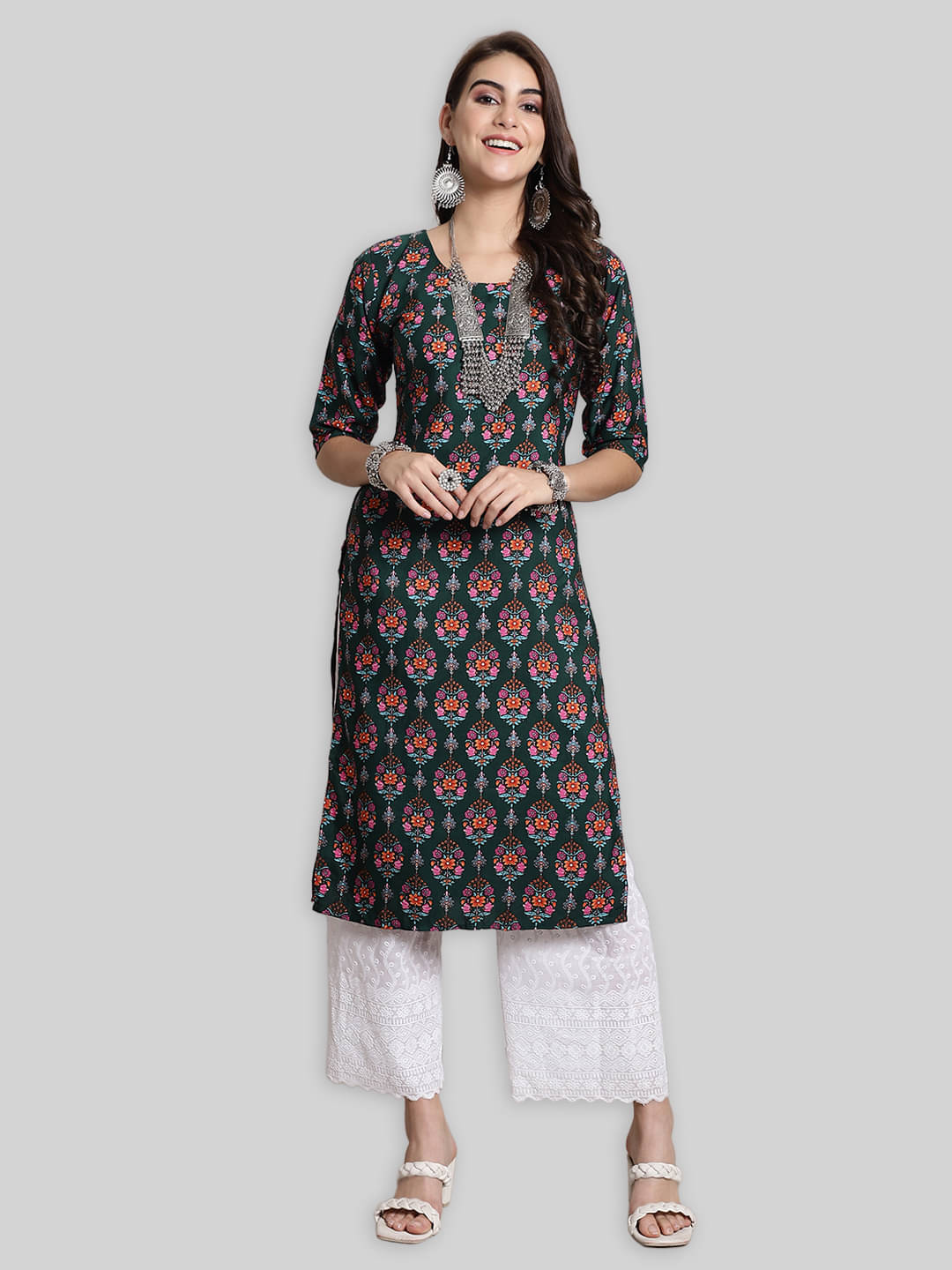     			7Threads Crepe Printed Straight Women's Kurti - Green ( Pack of 1 )