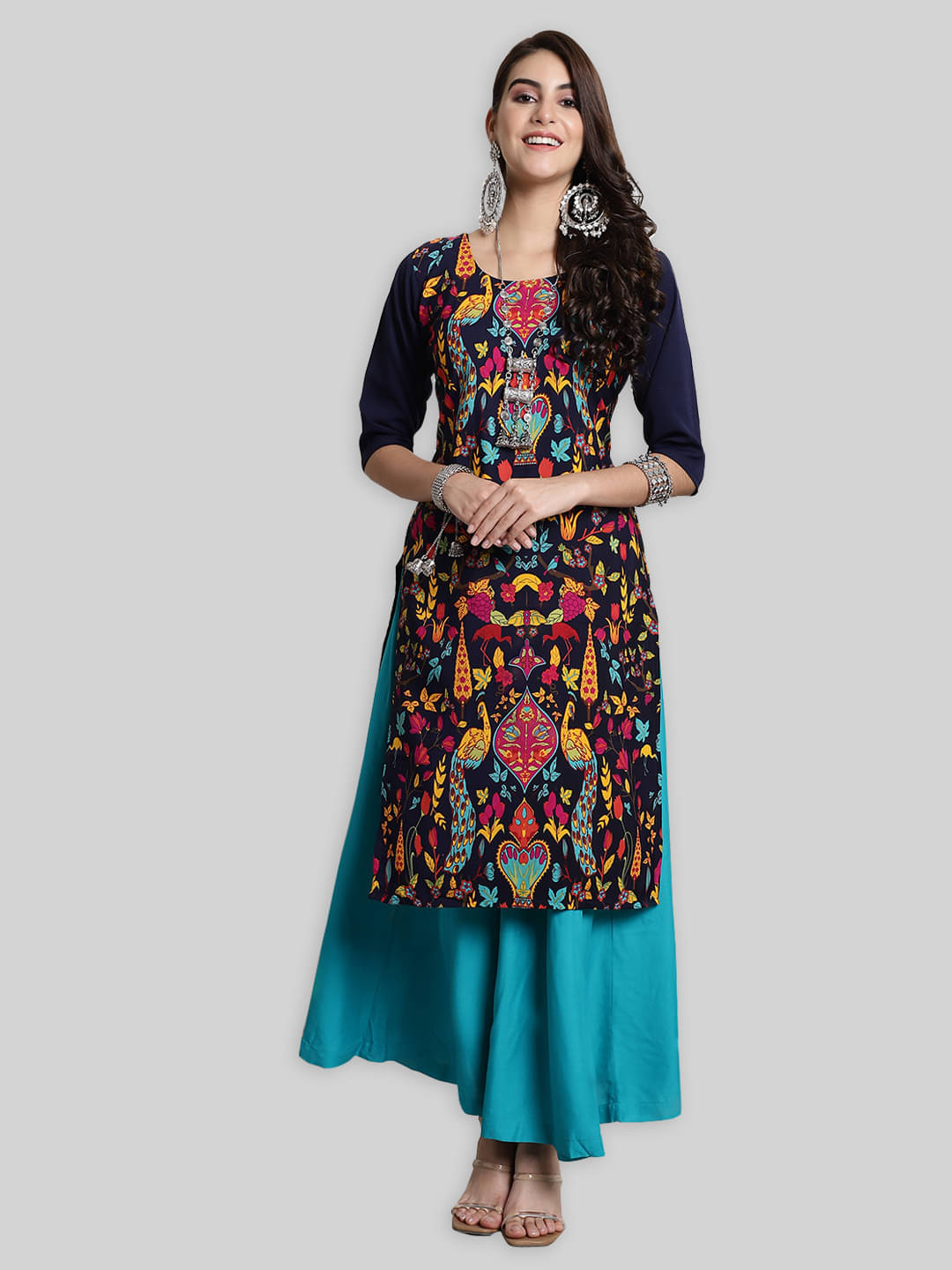     			7Threads Crepe Printed Straight Women's Kurti - Navy Blue ( Pack of 1 )