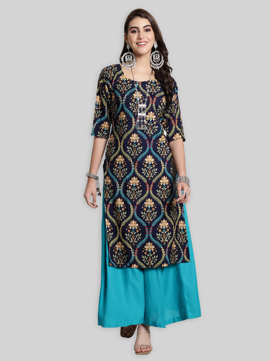     			7Threads Crepe Printed Straight Women's Kurti - Navy Blue ( Pack of 1 )
